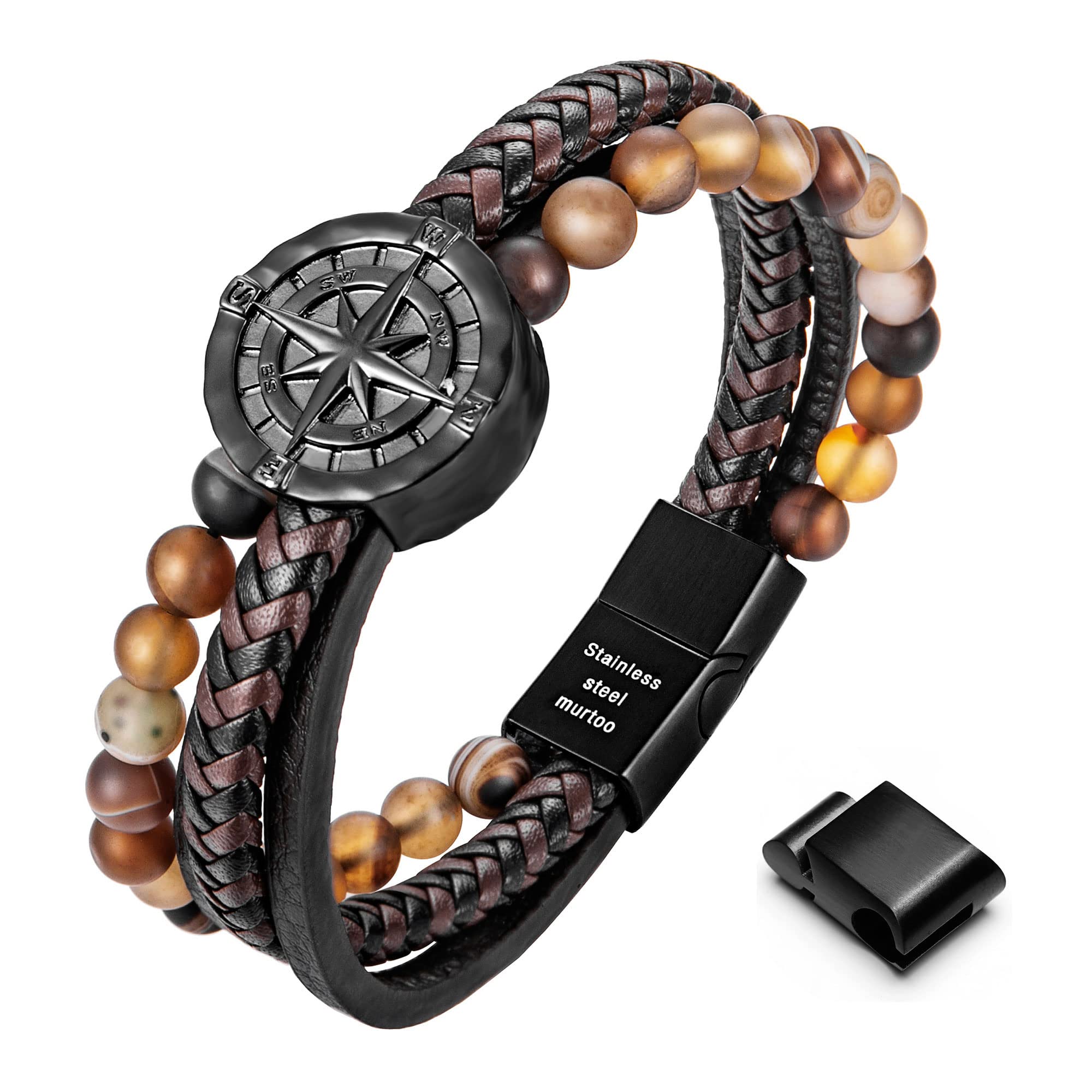 murtoo Men's Bracelet Leather with Compass, Braided Leather Bracelets for Men Magnetic Clasp 7.5/8.5/9.5 inch Gift for Husband Boyfriend Father