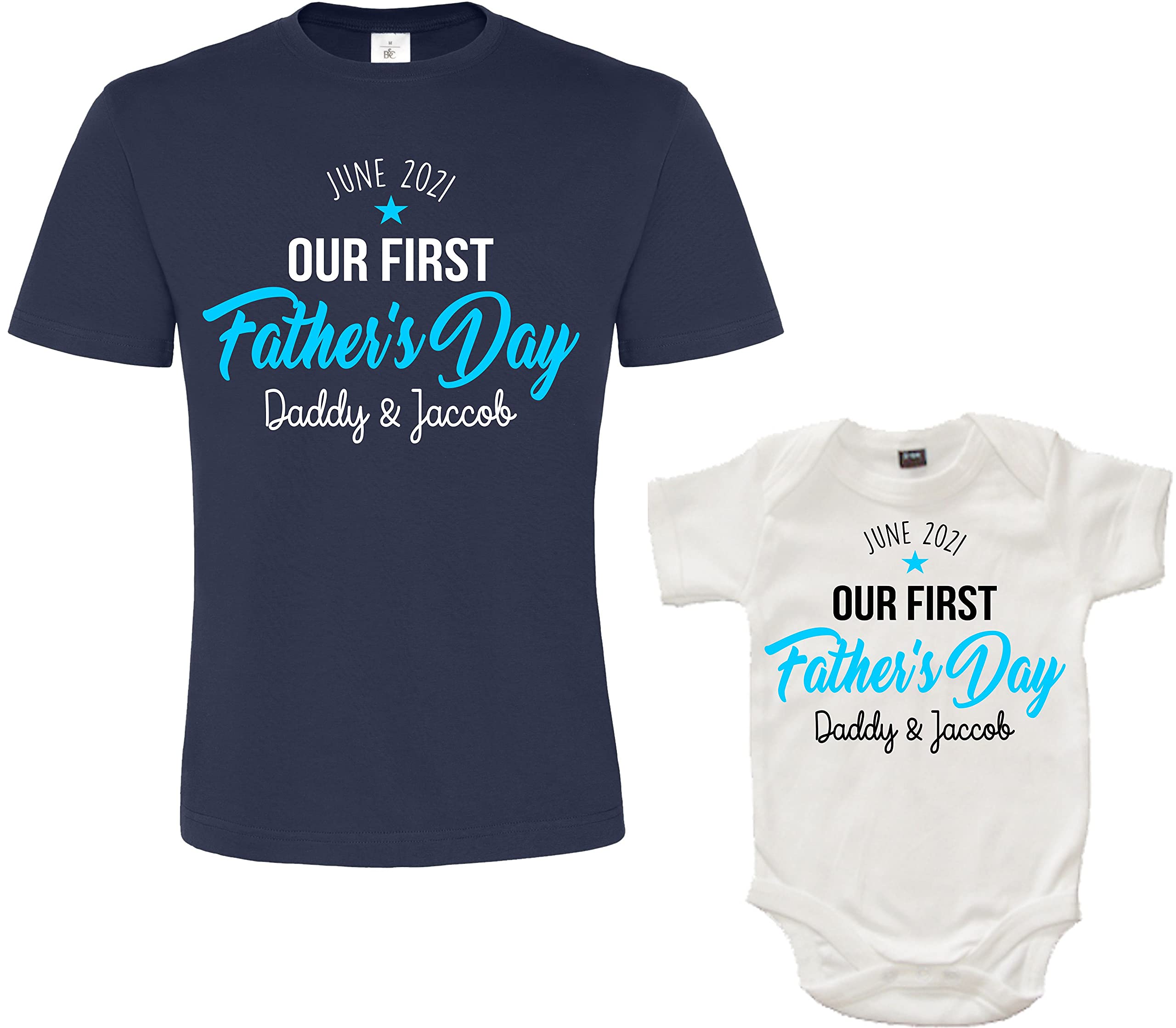 Father's Day | June 2021 | Our First Father's Day | Personalised | Men's T-Shirt Baby Bodysuit | (Please Goto Add Gift Options Enter Name in FreeGiftMessageBox or Send Message to the Seller) Navy