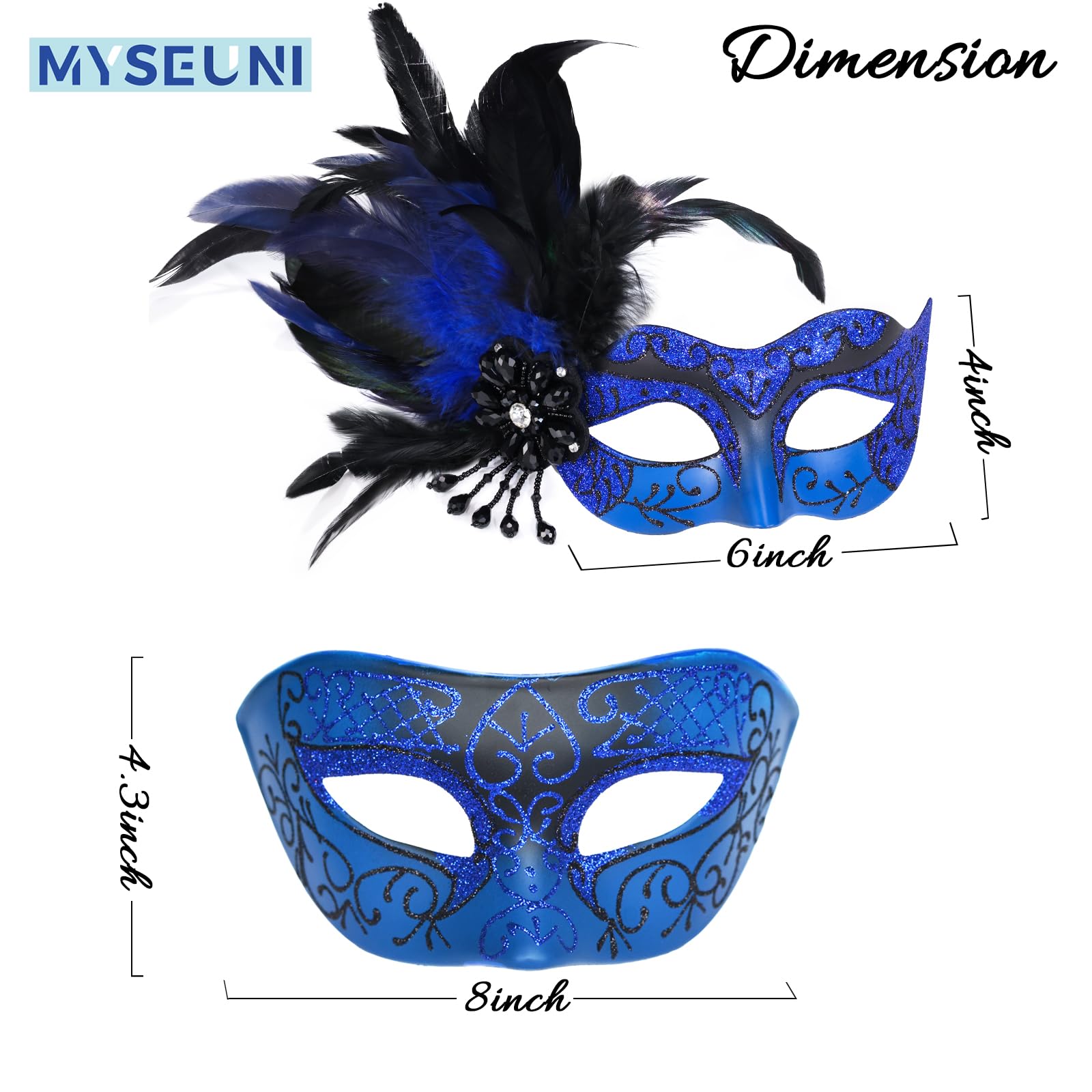 MYSEUNI Blue Masquerade Mask - Venetian Mask for Couple Women & Men - Masquerade Party, Mardi Gras, Halloween, Cosplay, Prom, Christmas - Image 2