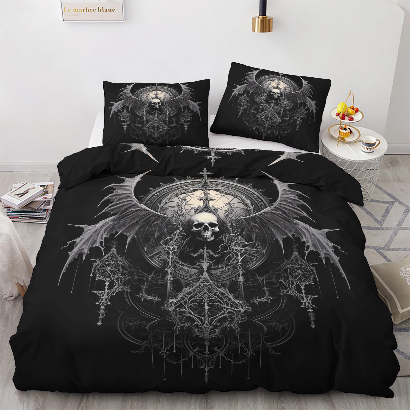 Gothic King Size Duvet Cover Sets - Skull Horror Bedding Set - Reversible Quilt Cover & 2 Pillowcases with Zipper and Ties, Ultra Soft and Non Iron Brushed Microfibre Bed Set 230x220 H-&8-268