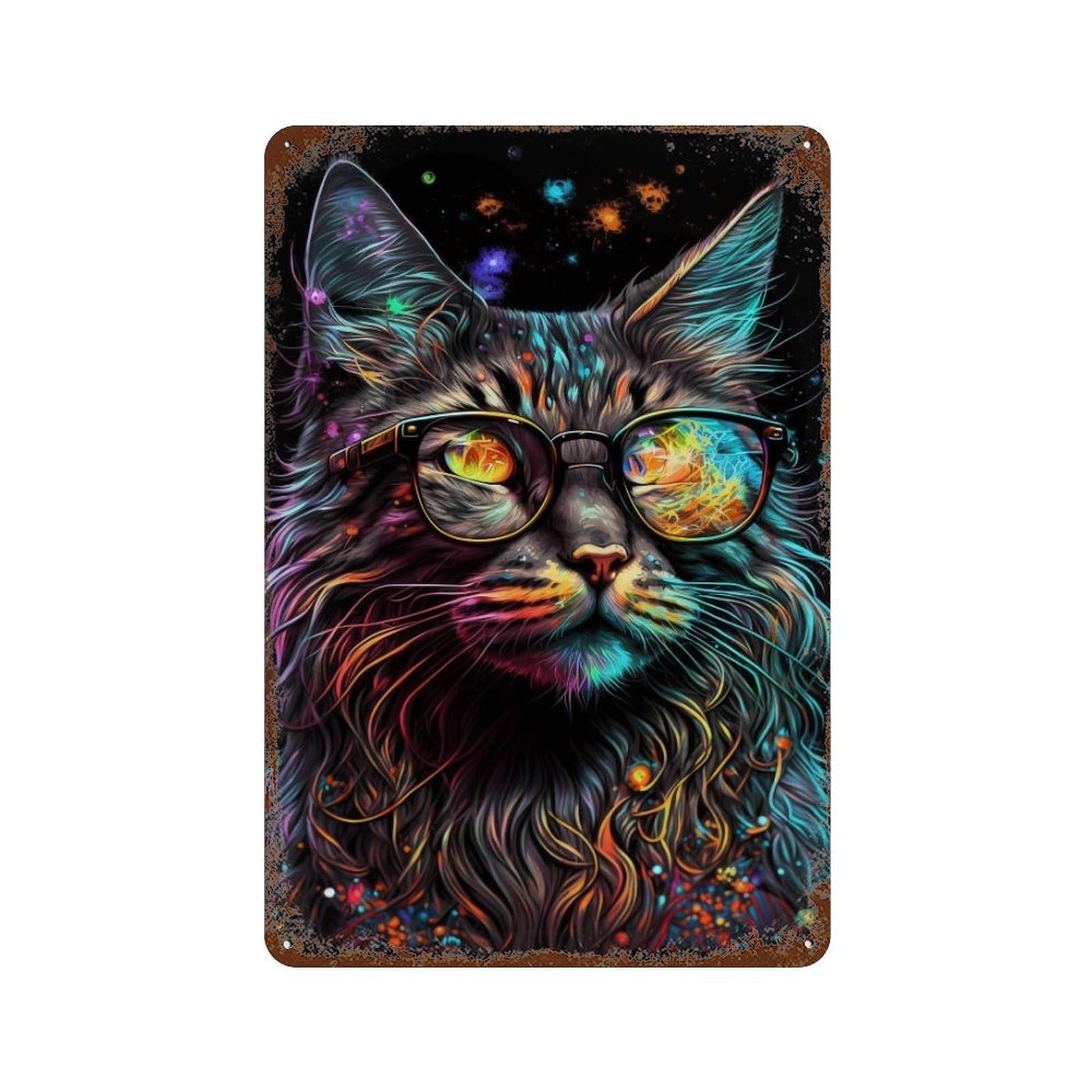 Cosmic Cat Glasses Art Print-6 Rustic Tin Plaque 11.8"x7.9", for Shed, Workshop And Garage Wall Decor, Farmhouse Wall Decor