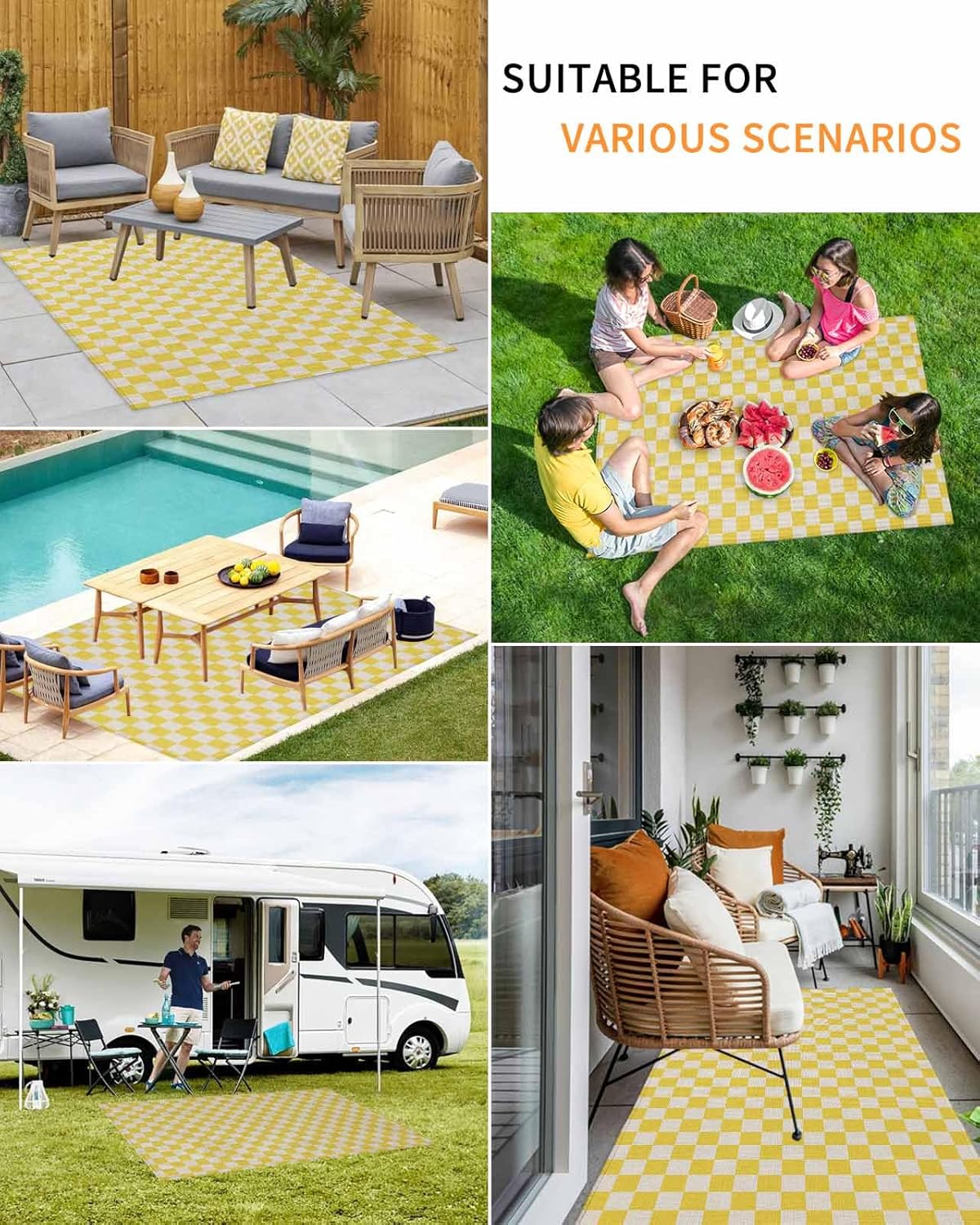 Outdoor Rug 4x6 ft Yellow Buffalo Plaid Outdoor Large Area Rug Non Slip Rubber Linen Check Front Door Mat RV Rug Camping Carpet Patio Outdoor Rugs for Backyard Balcony Deck Porch Indoor Outside