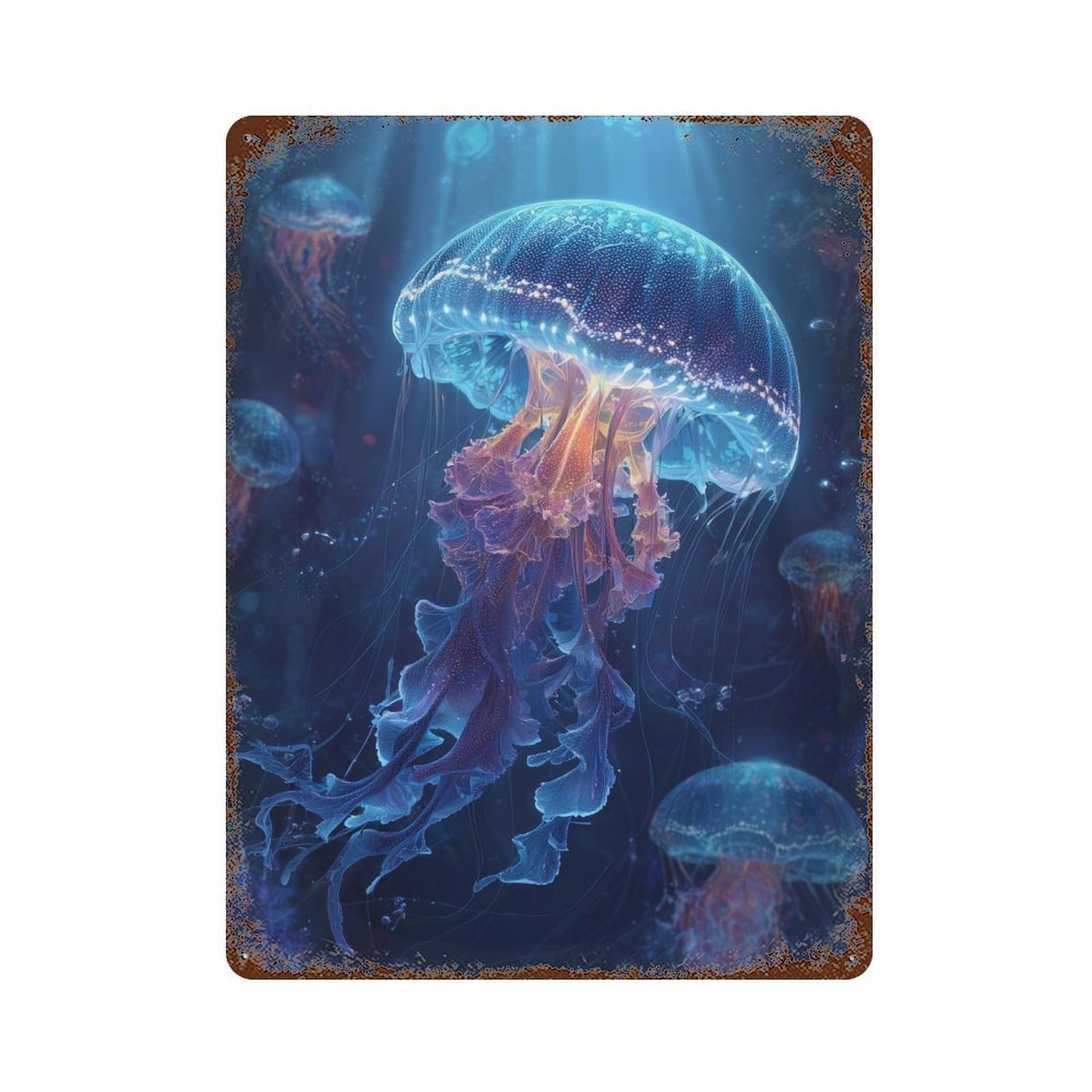 Glowing Jellyfish Ocean Scene Rust Effect Tin Sign 15.7"x11.8", Rustic Home Decor for Garage, Pub Or Kitchen