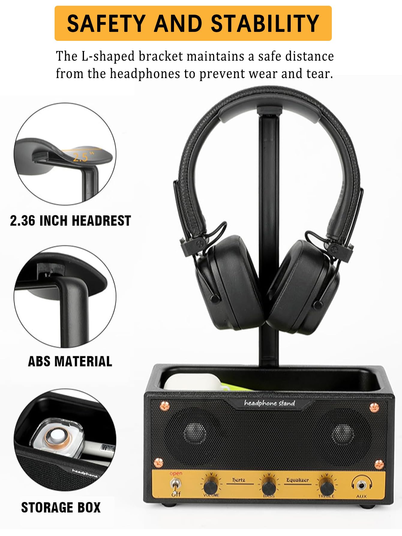 Kopfhörer Ständer Desk - Multipurpose Retro Musikliebhaber Headset Halterung mit Quadratischer Aufbewahrungsbox 2 in 1, Organizer für Kopfhörer, Brillen, Stifte, Uhren, Schlüssel, Gadget
