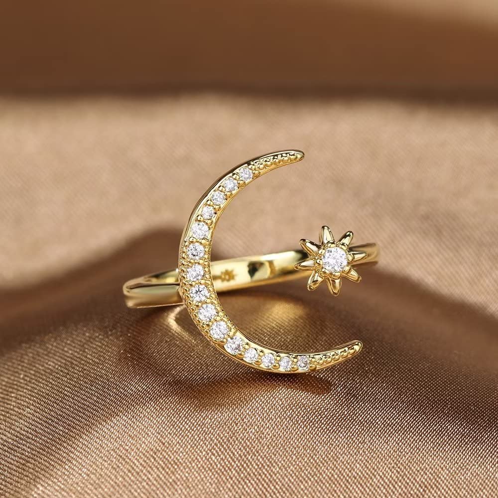 Anillo de Plata de Ley 925 con circonita cúbica AAA, Gran Luna y Estrella del Sol, Anillo de Apertura con Forma de Media Luna, Banda para el Dedo con Diamantes de imitación, Media Luna, Estrella del