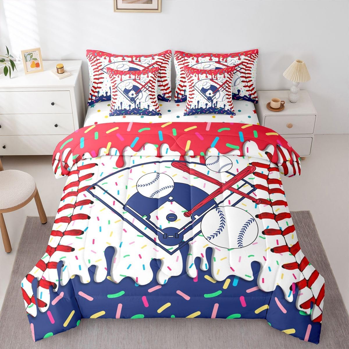 Baseball Ice Cream Comforter Set Queen Size, Baseball Sport 7 Piece Bedding For Kids Boy Adults Red Navy Blue Ice Cream Bed Sheet Sets With Fitted Sheet 2 Pillowcases Sports Ball Games Bed Decor