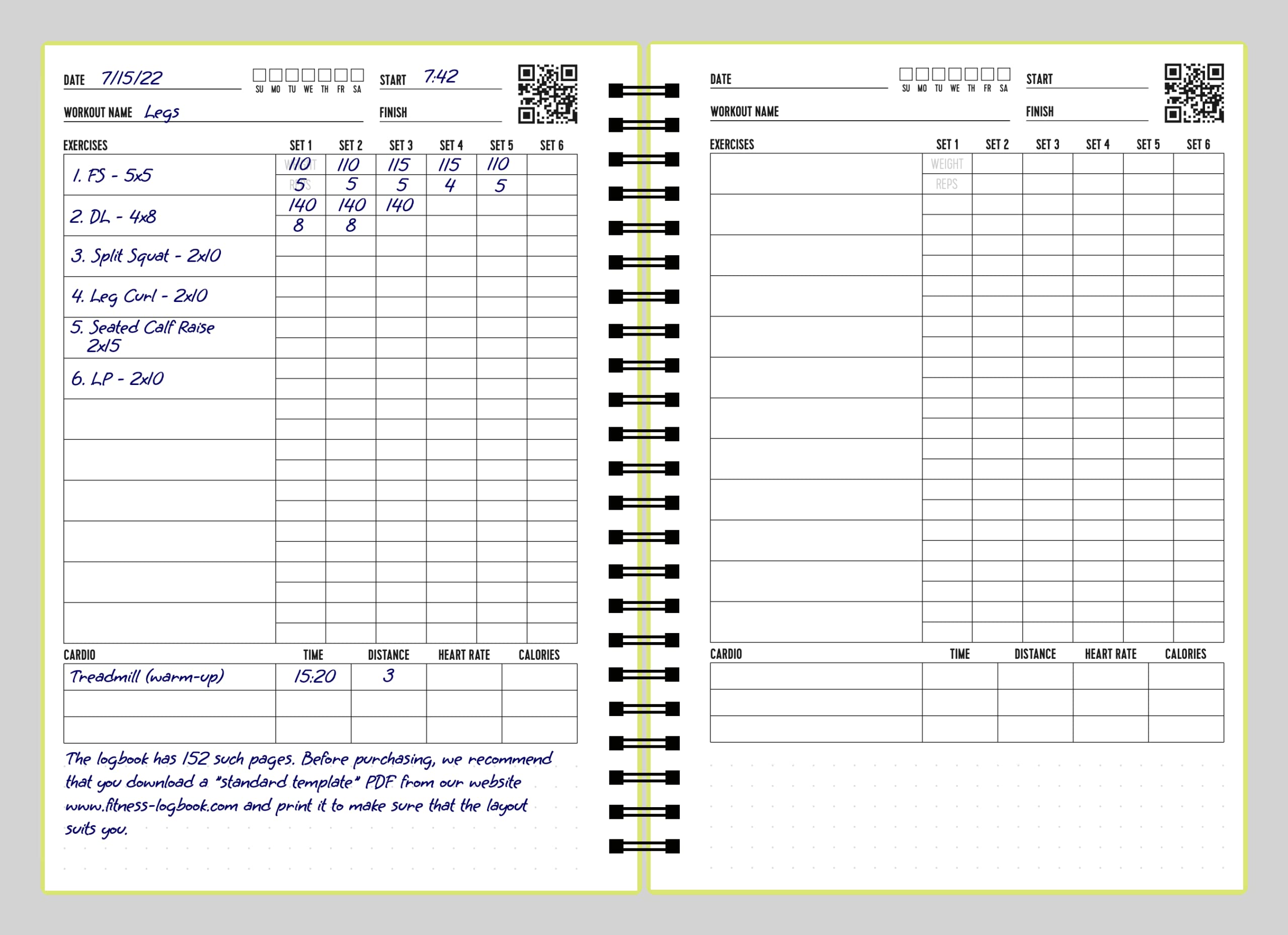 Registro fitness – Registra 150 allenamenti – carta spessa e copertina resistente – A5 – Diario di allenamento senza data, diario di registro pianificatore – traccia perdita di peso, aumento
