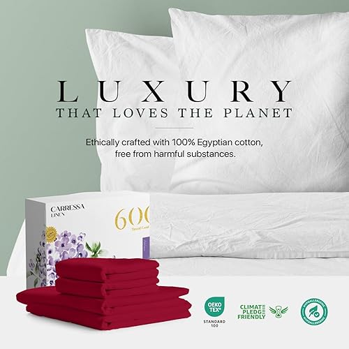 Miniatura 8 de Carressa Linen Juego de sábanas de algodón egipcio suave de fibra larga de 600 hilos, juego de 4 piezas, sábanas tamaño King, hasta 17 pulgadas de