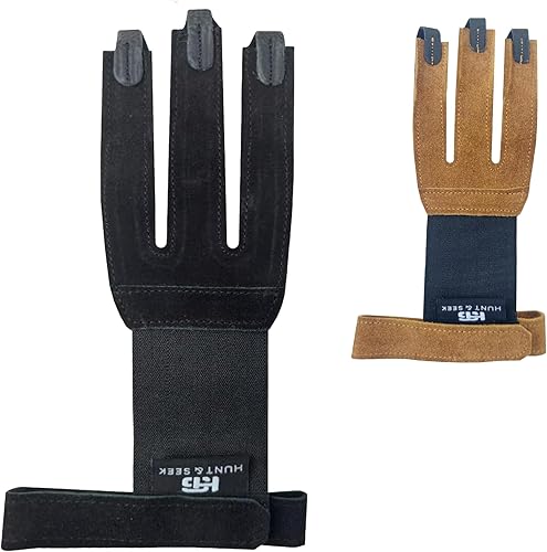 Hunt & Seek Guante de tiro con arco - Guantes de caza de cuero de gamuza para arco recurvo y compuesto - Protector de tres dedos unisex Negro