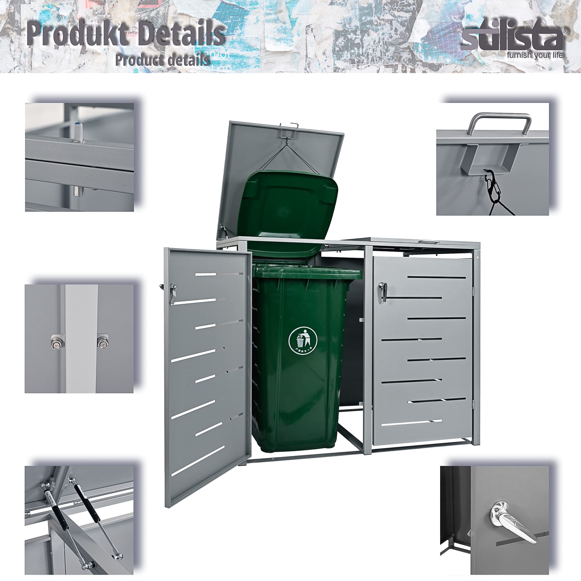 Nexos Mülltonnenverkleidung 2 Türen Silber 240 Liter Metall 132x80x116cm | Pulverbeschichtetes Metall, Platz für zwei 240L Tonnen, Gasdruckfeder, Lüftungsschlitze gegen Gerüche