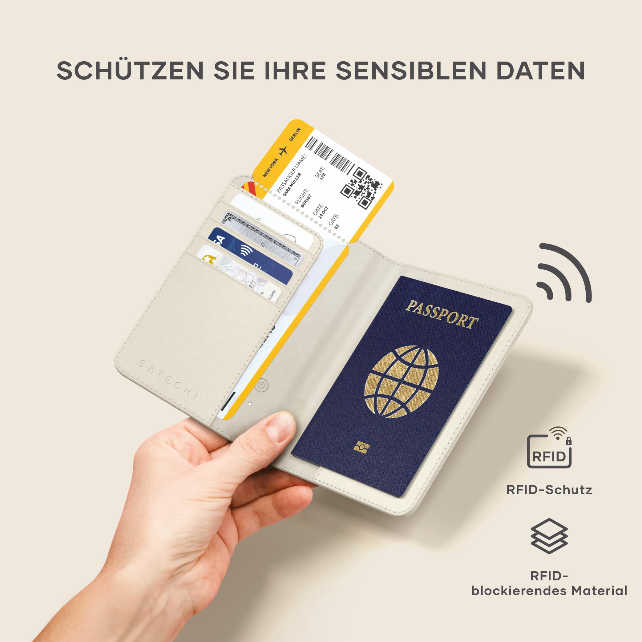SATECHI FindAll Reisepasshülle aus Premium-Material (PU) mit Apple „Wo ist?“-App, GPS-Tracker-Alternative, RFID-Schutz, 4 Kartenfächer, kabelloses Laden – Polarstern
