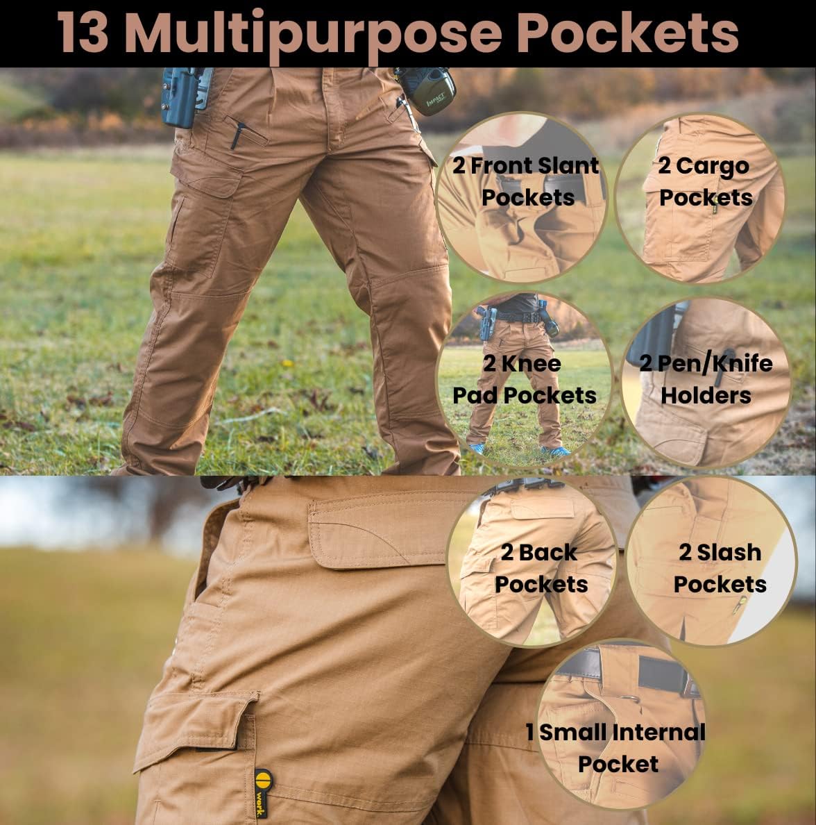 WHITEDUCK Men's Tactical Pants Ripstop Stretch Water Resistant with 13 Pockets Cargo Work Pants- Military Hiking Outdoor…