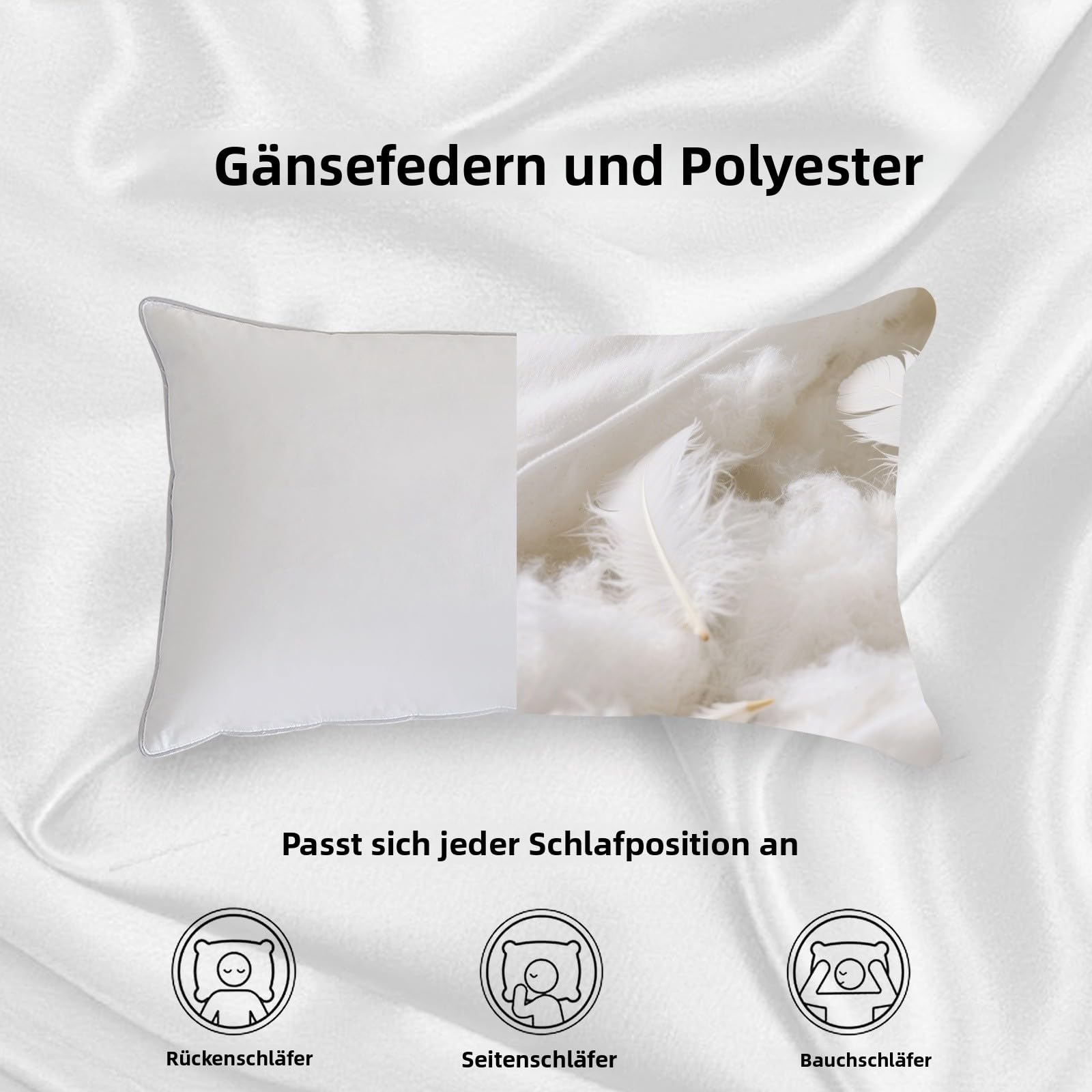 Federkissen 50x75 cm(2 Stück, weiß), Federkopfkissen mit Bezug aus Baumwolle，Kissen als Kopfkissen, Schlafkissen u. Bettkissen