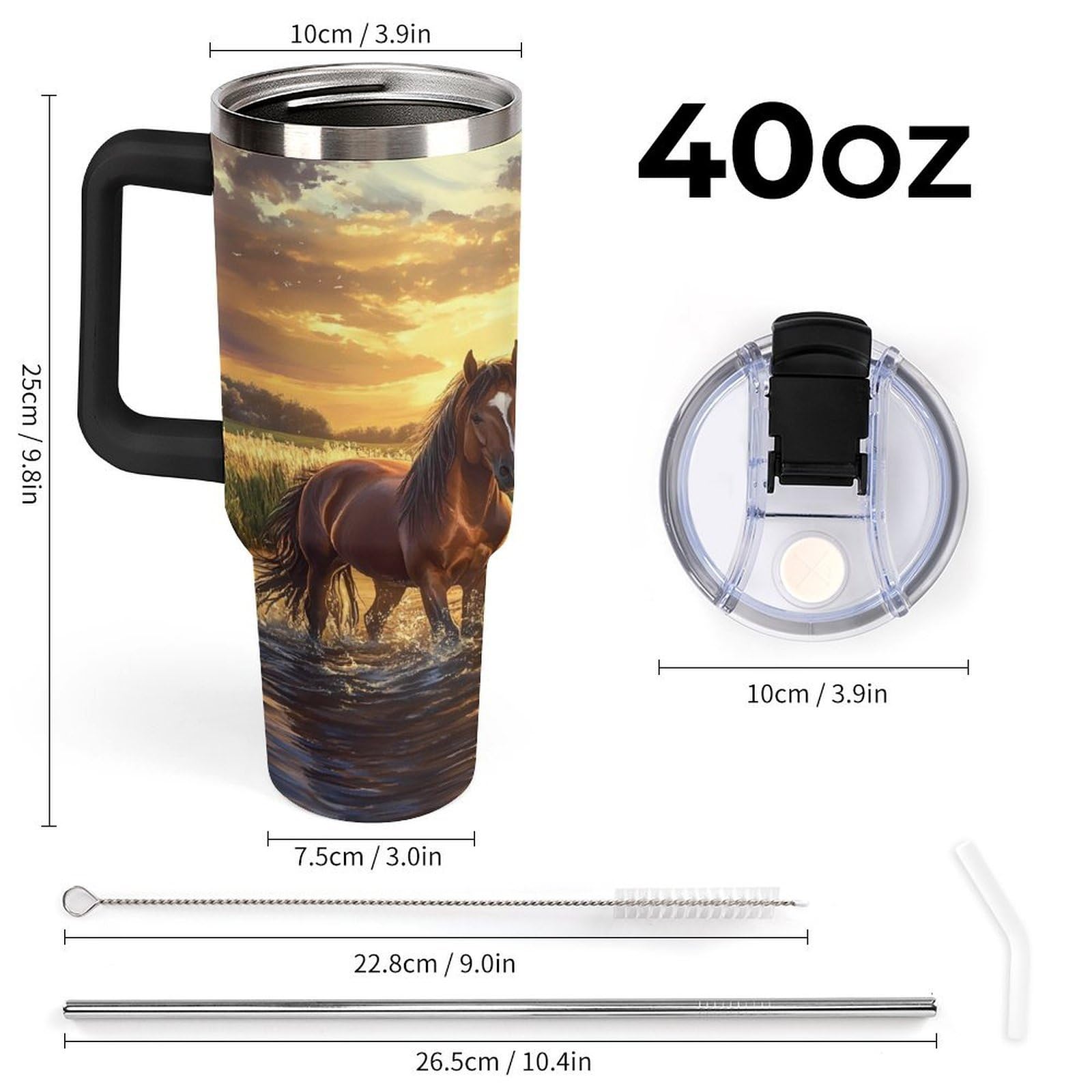 Reise-Kaffeebecher mit Griff, Motiv: Pferd, Sonnenuntergang, 1,2 l, große Kapazität, Autobecher, Wasserflasche
