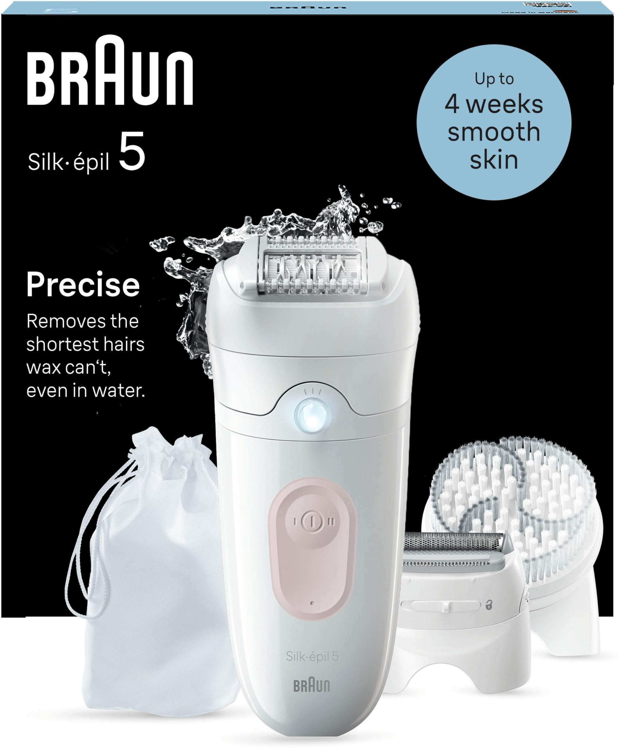 Silk-épil 5 Epilator for Easy Hair Removal, Braun Epilator for Women, Wet & Dry, Lasting Smooth Skin, with Lady Shaver, Trimmer Comb & Exfoliation Brush Heads, 5-060, White/Flamingo