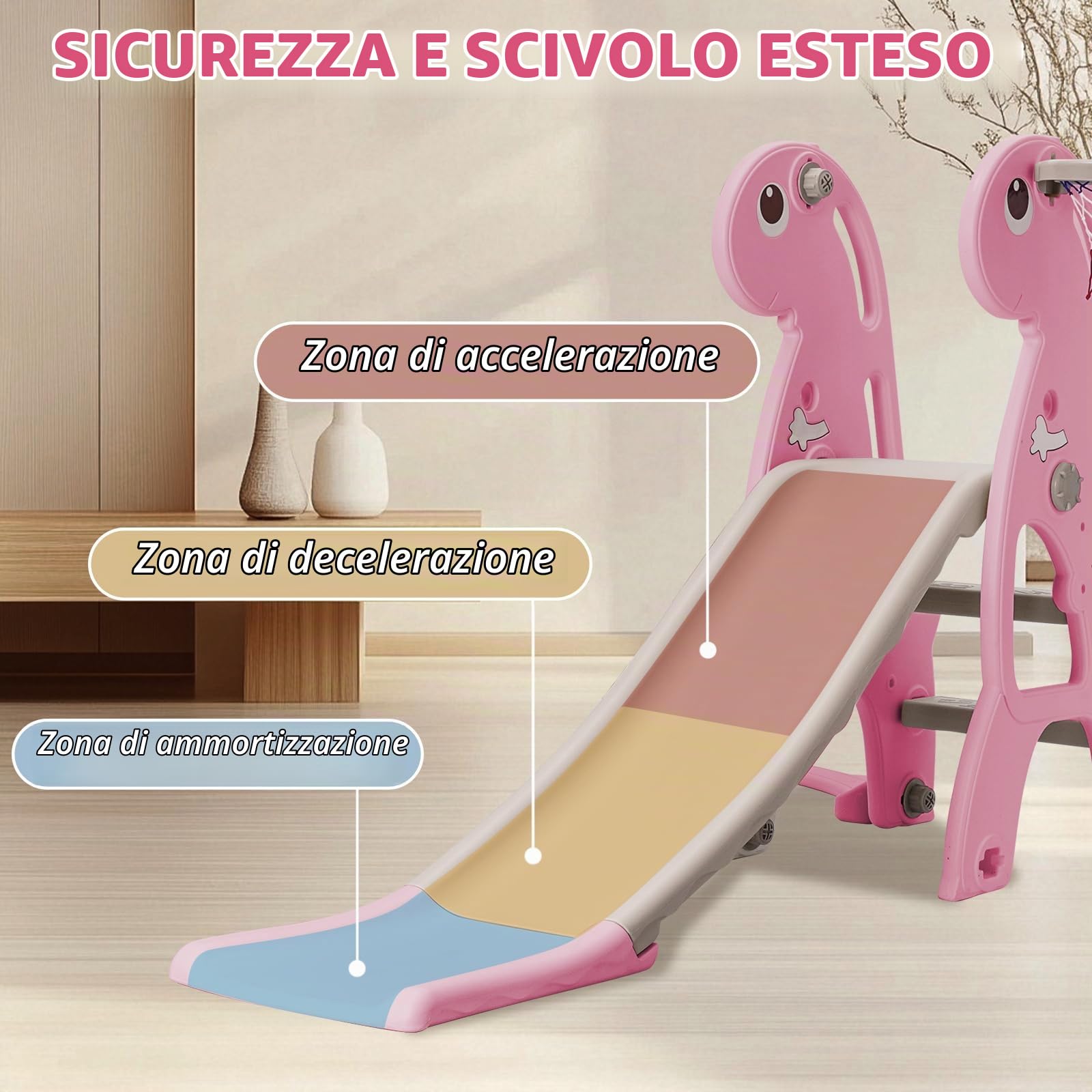 Set di scivolo e altalena per bambini con pallacanestro | Scivolo da interni per bambini, set da gioco autoportante e altalena regolabile in altezza (rosa)