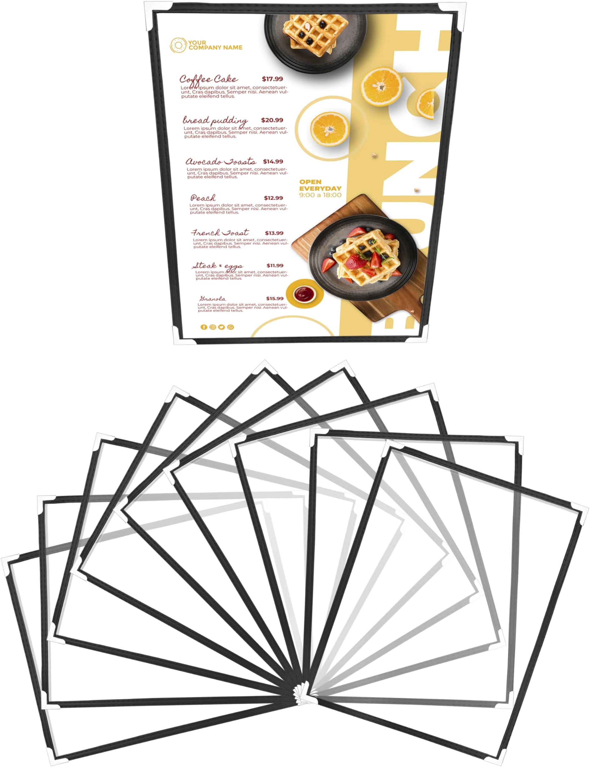 A4 Menu Covers (10 Pack) - Single Page Double View American Style Menu Holders - Black Trim with Clear View Menu Covers with Corner Protectors - For Restaurants, Bars, Cafes, Food & Drink