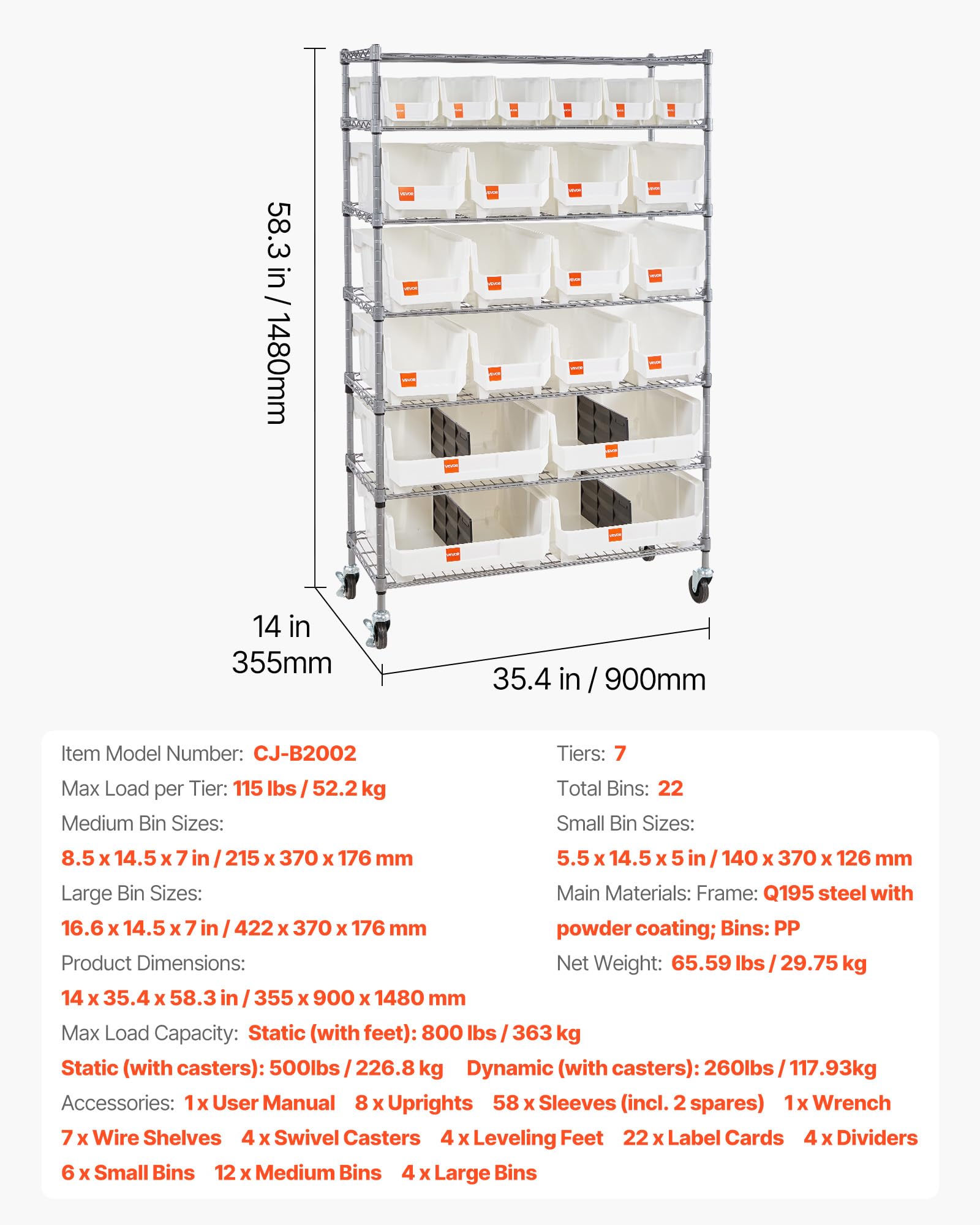 VEVOR Étagère de Rangement Mobile 7 Niveaux Rayonnage sur roulettes 22 Bacs pour Garage, Entrepôt, Bureau, Restaurant, Salle de Classe, Cuisine, en Fil d'acier, avec roulettes Pivotantes et 2 Freins