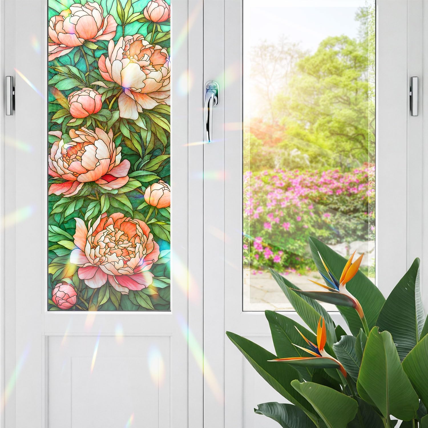 Decorative Peony Stained Glass Window Film, Peony Stained Glass Window Film for Bathroom Shower Door Heat Anti UV