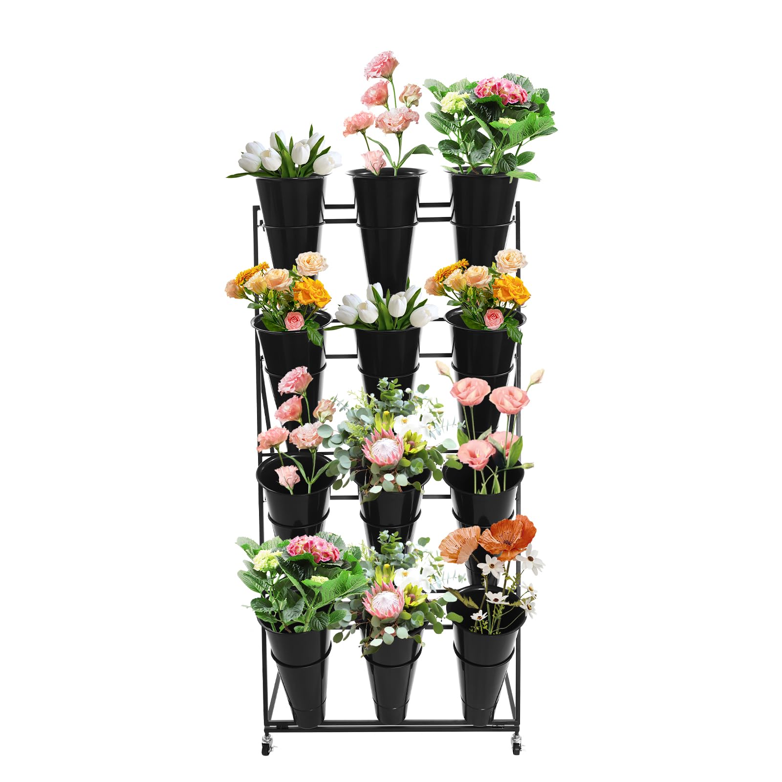 YUANCHUTOP 9-Tier Heavy-Duty Flower Display Stand with 9 Buckets, Rolling Plant Cart on Wheels, 3-Layer Indoor/Outdoor Shelf for Garden, Patio, Living Room, Florist Use