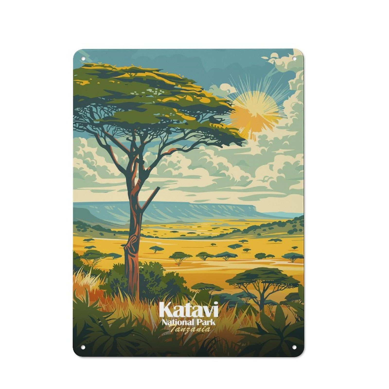 Junmoney Style-8 Tin Wall Plaque 40X30cm With Katavi National Park, Tanzania Illustration For Café Or Restaurant, Housewarming Present For People Styling Café And Restaurant