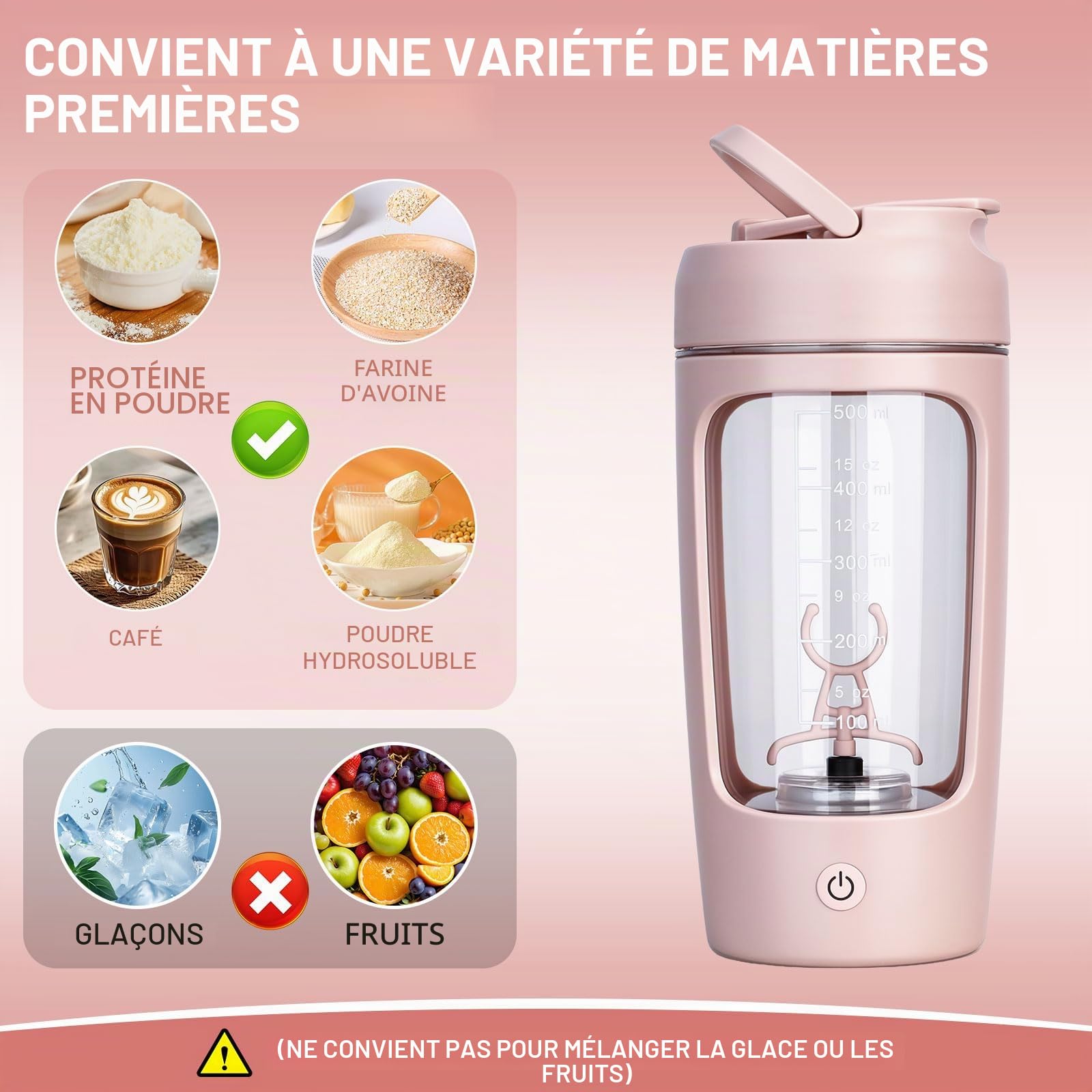Shaker Électrique Rechargeable 650ML,Bouteille shaker de protéines avec Boîte à Poudre et Brosse, Rechargeable USB-C,pour Shakes Protéinés et Milkshakes Crémeux, Sans BPA, Rose