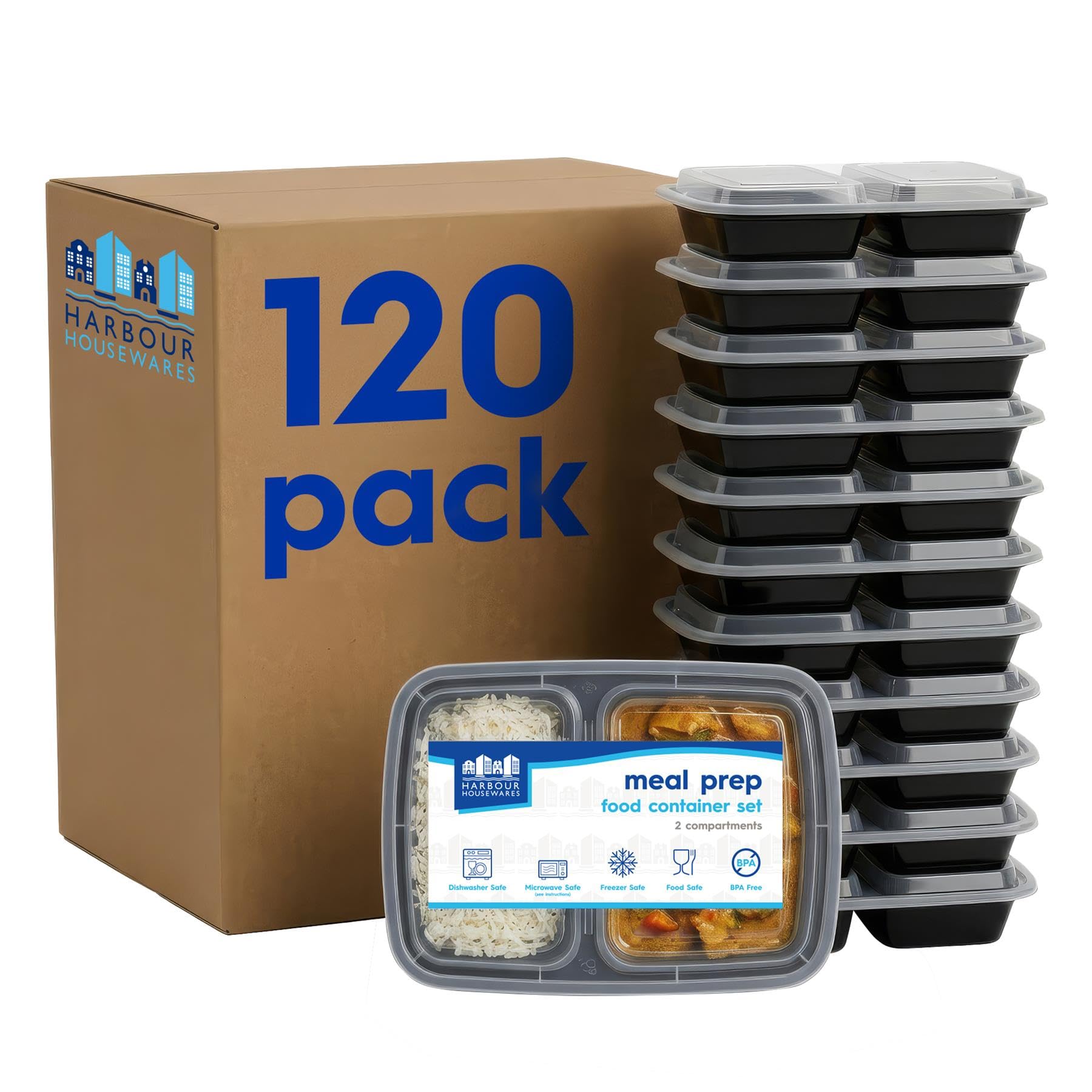 Harbour Housewares Reusable Meal Prep Containers with Lids - 2 Compartments (800ml) - 120x Airtight Freezer Microwave & Dishwasher Safe Kitchen Batch Cooking Lunch Takeaway Storage Bento Box Set