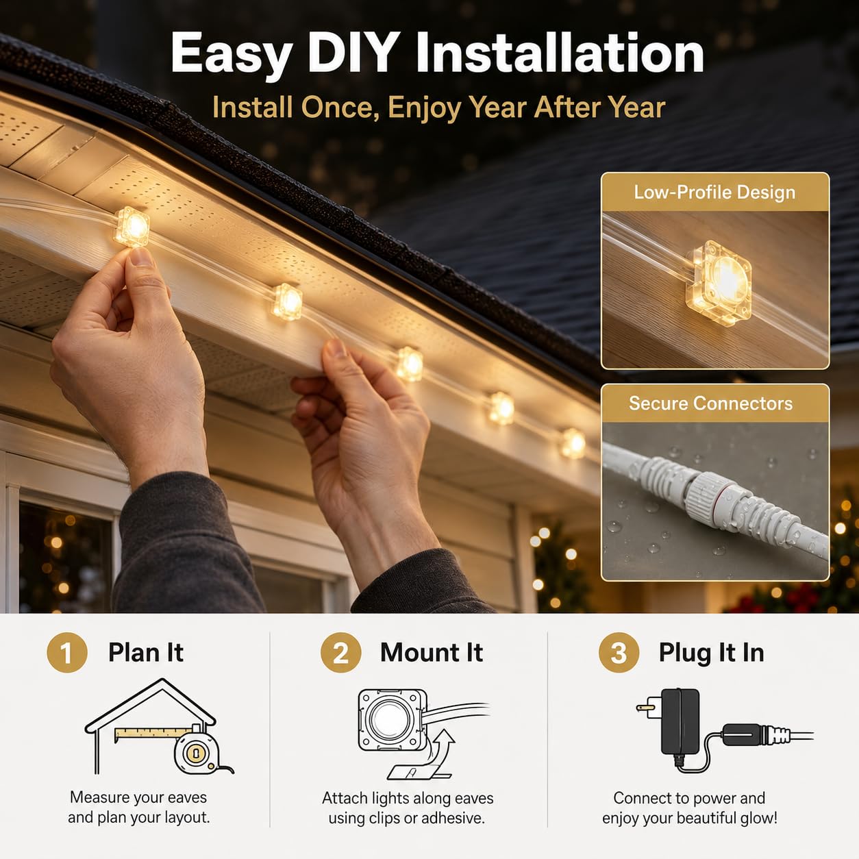 MUCCCUTE Permanente Außenleuchten für Weihnachten, 60 m, RGB-Hauslichter, mit App und Fernbedienung, Smart Rainbow LED, IP67 wasserdicht, für Feiertage, Neujahr, Dachtraufe, Gartendekoration