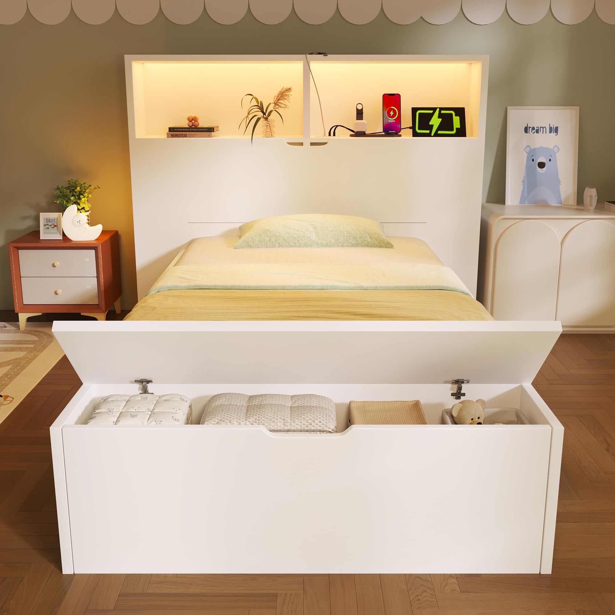 Gecheer Letto Singolo con Contenitore, Struttura in Legno con Luci LED, Porte USB, Cassetti, Panca, Ripiani, Rete a Doghe, 90x200 cm, Bianco, per Cameretta Bambini e Ragazzi