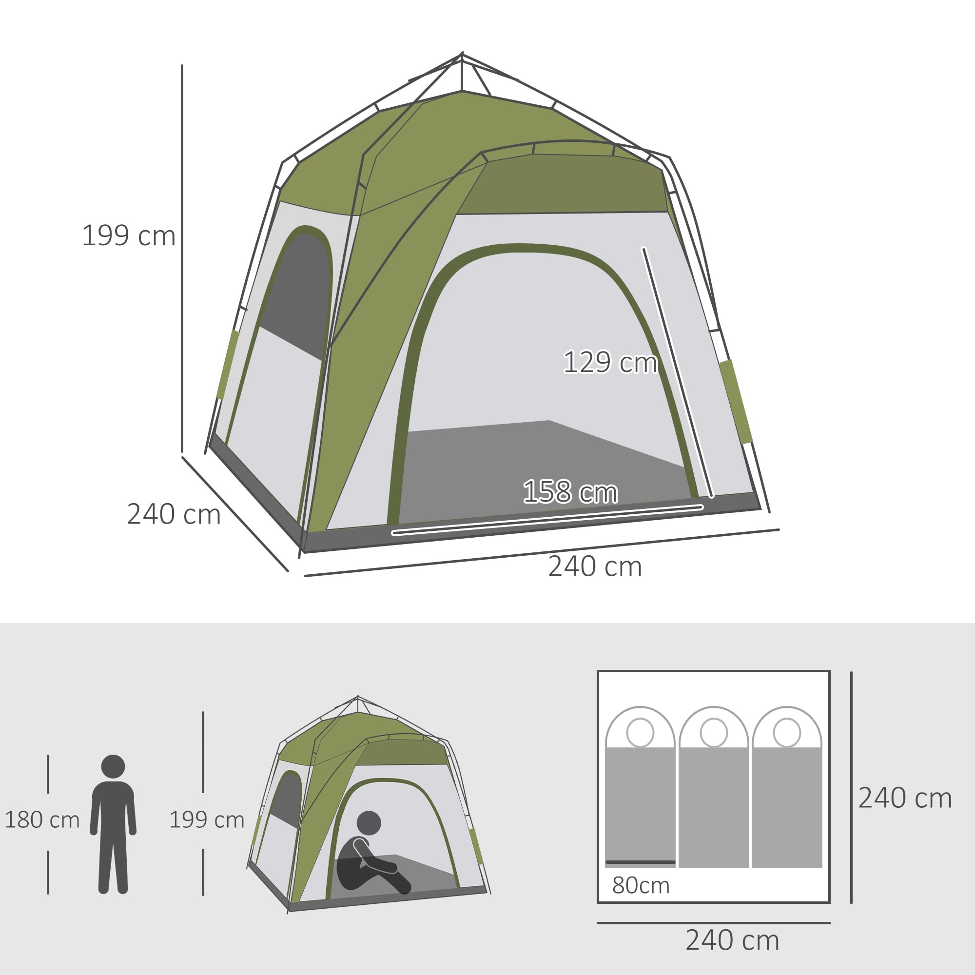 Outsunny Tenda Campeggio 3 Posti, Tenda a Igloo Pop Up con 4 Porte a Cerniera e 4 Finestre a Rete, Sacca di Trasporto Inclusa, Protezione UV, 240x240x199cm, Verde