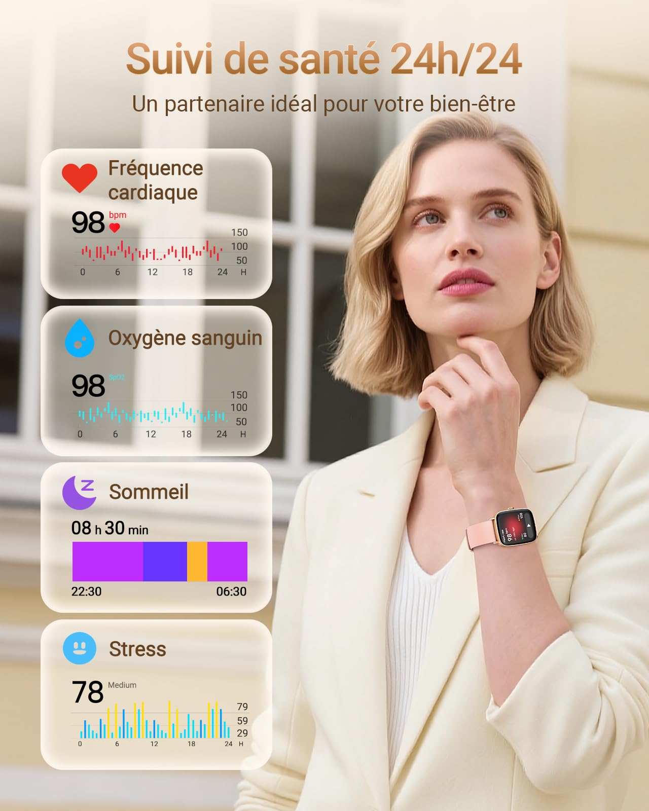 Montre Connectée Femme avec Appel Bluetooth, 1,85" Smartwatch Moniteur de Fréquence Cardiaque/SpO2/Sommeil, Montre de Sport 110+ Modes Sportifs Podomètre, Etanchéité IP68, pour iOS et Android Rose