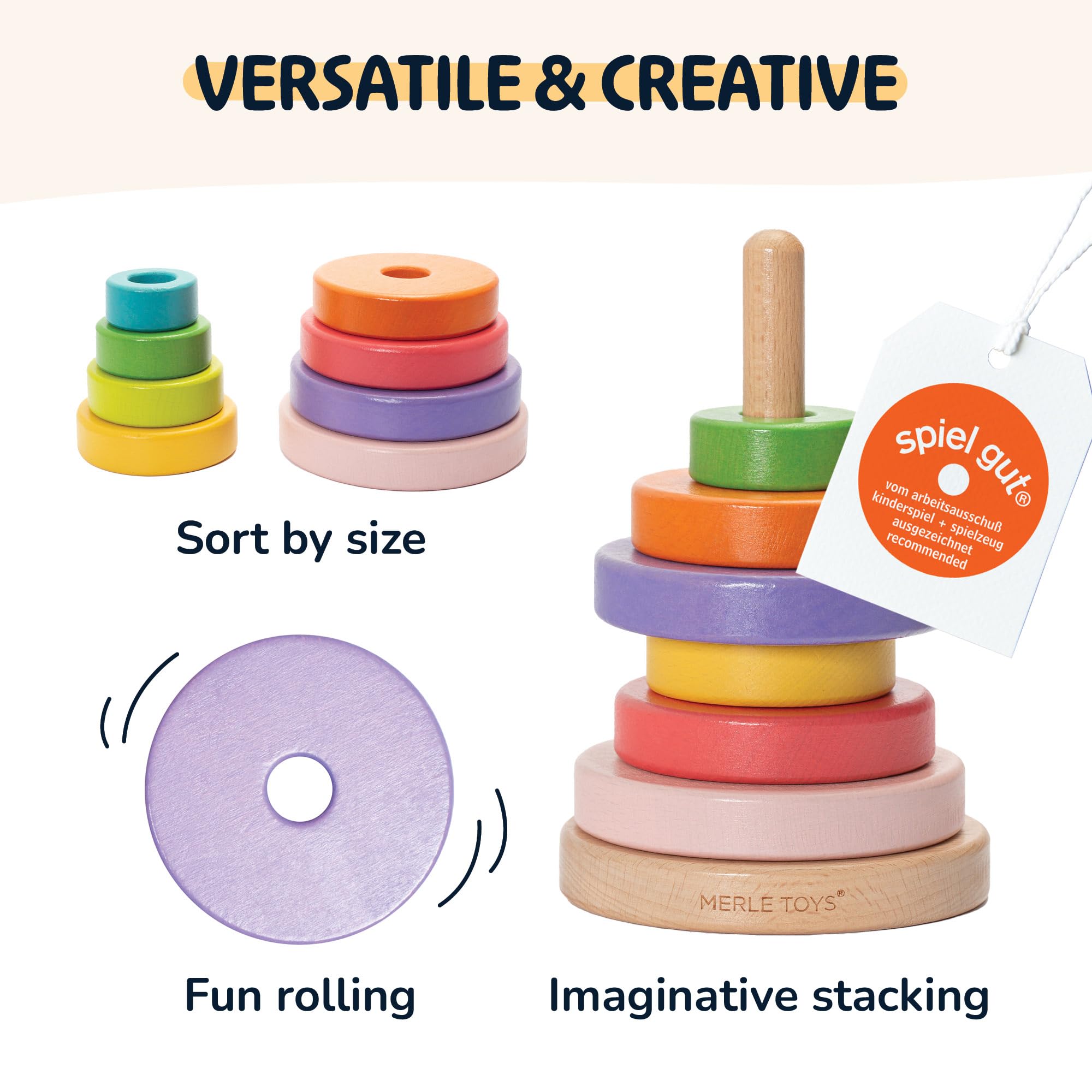 Merle Toys® Wooden Stacking Rings, 100% FSC-Certified Rainbow Stacker Toy with 8 Safe, Rounded Rings - Image 3