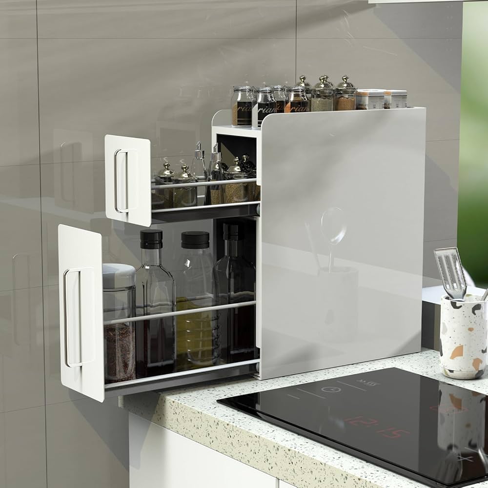 調味料収納 ママ倉 【一体成型・取付不要】隠せる調味料ラック 2段 調味料棚 Amazon｜ママ倉 【全面的にアップグレードしました】隠せる調味料