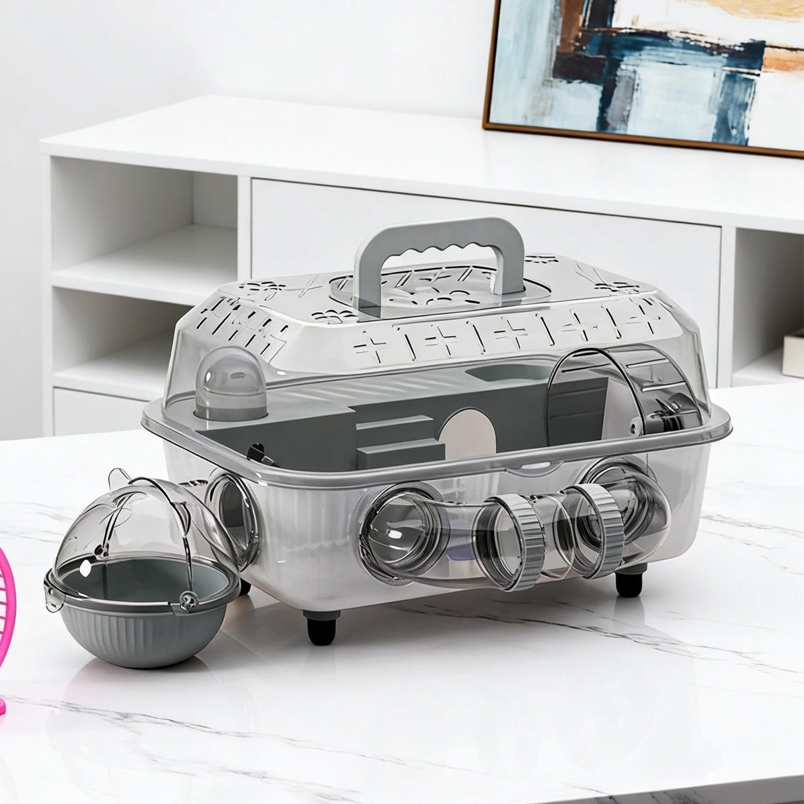 2-stöckiger Hamsterkäfig mit Tunnel & leisem Laufrad: Transparenter Reisekäfig für Zwerghamster & Mäuse – Kompaktes Kleintierheim 37x25x22cm für Unterwegs & Zuhause