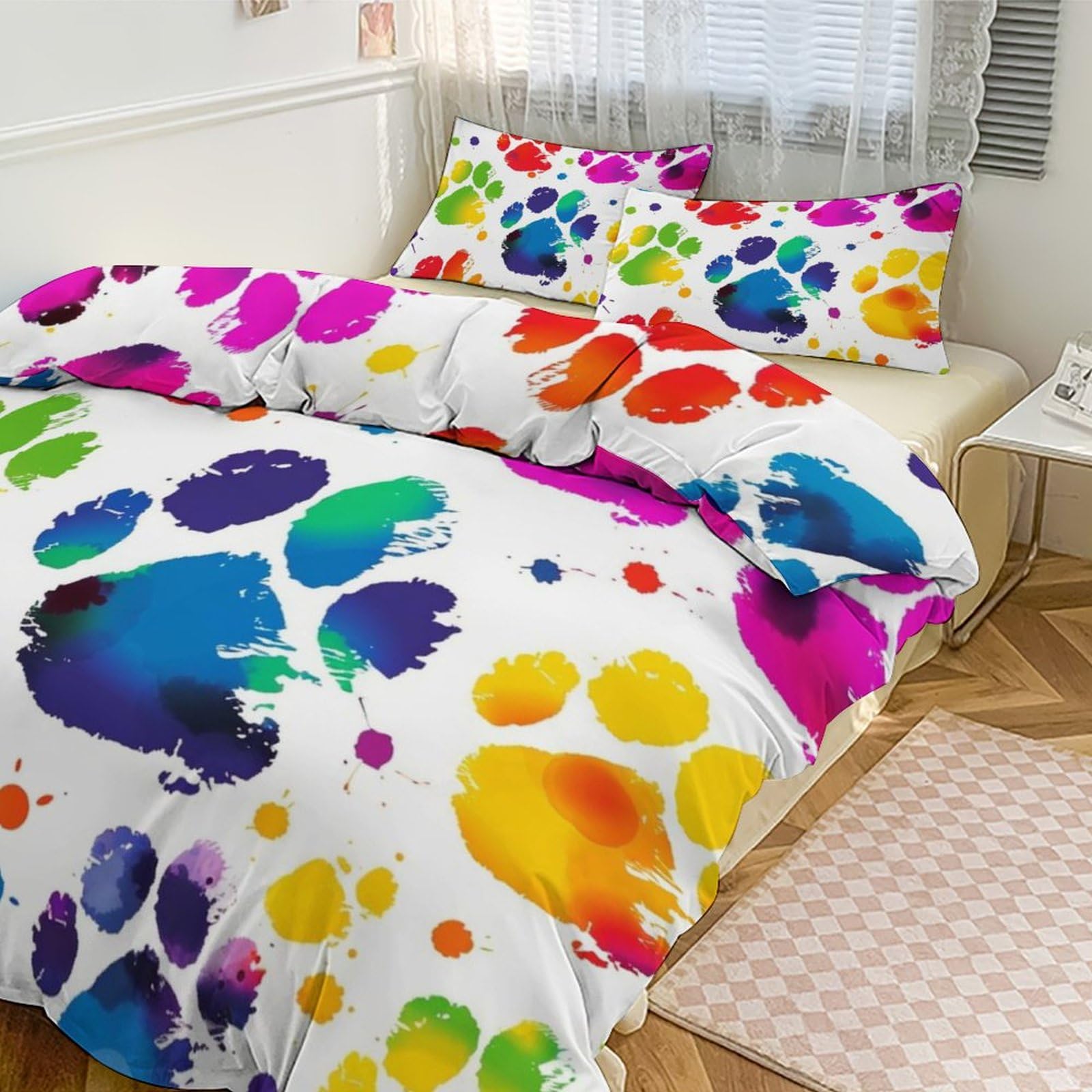 Housse de couette pour grand lit 228x228 cm à imprimé pattes de chien 3 pièces