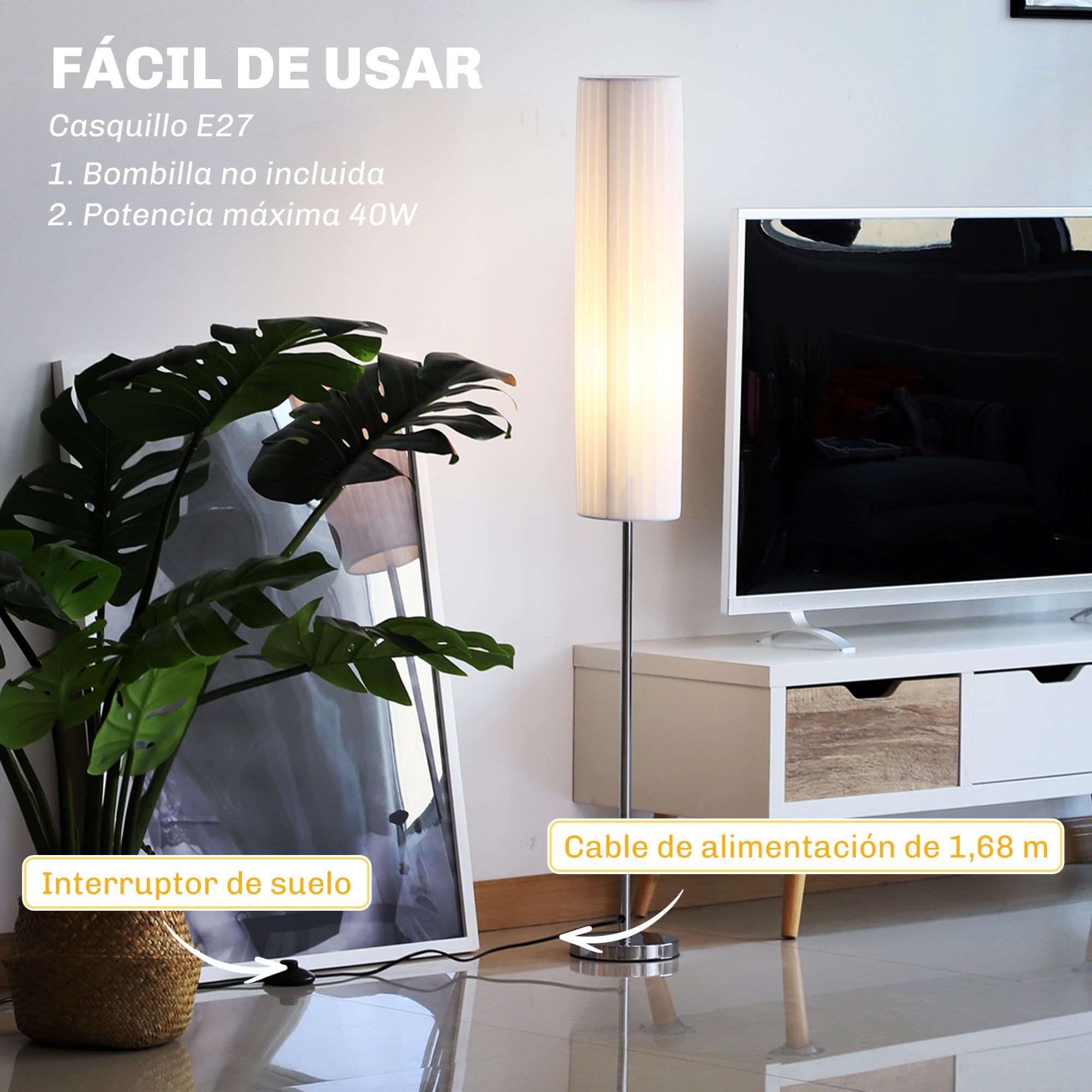 HOMCOM Lámpara de Pie Moderna para Dormitorio Estudio Salón 120 cm Blanco