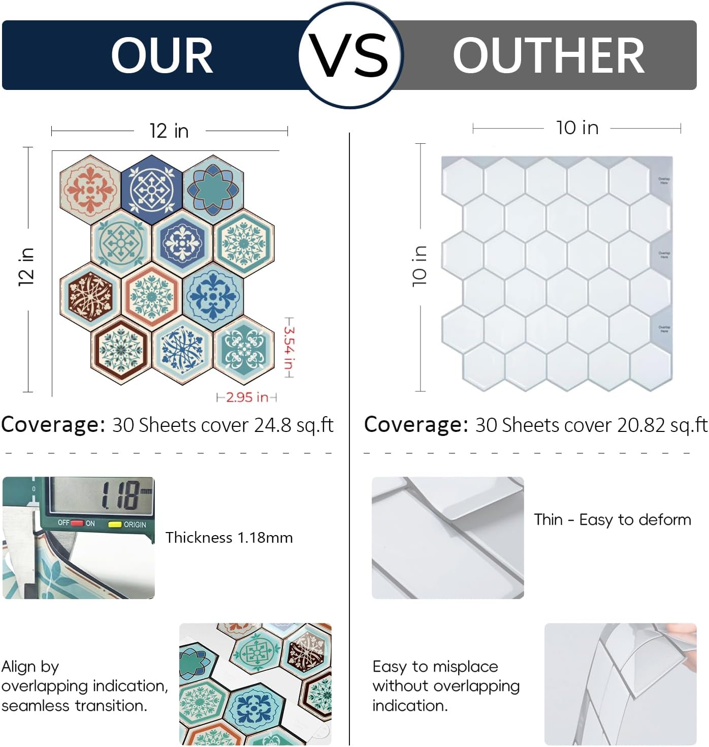 FunStick 30-Sheets Teal Blue Boho Peel and Stick Backsplash Tile Stickers for Kitchen Waterproof 12"x12" Sticky Back Splashes for Kitchen Peel and Stick Tiles for Bathroom Shower Wall Tiles Fireplace