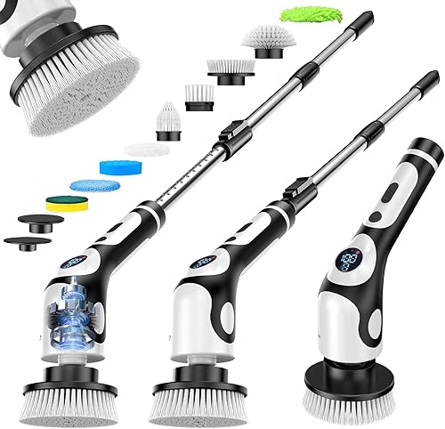 Limpiador eléctrico giratorio, cepillo de limpieza inalámbrico para el hogar, 550 RPMMins-9 cabezales de cepillo reemplazables, tiempo de trabajo de