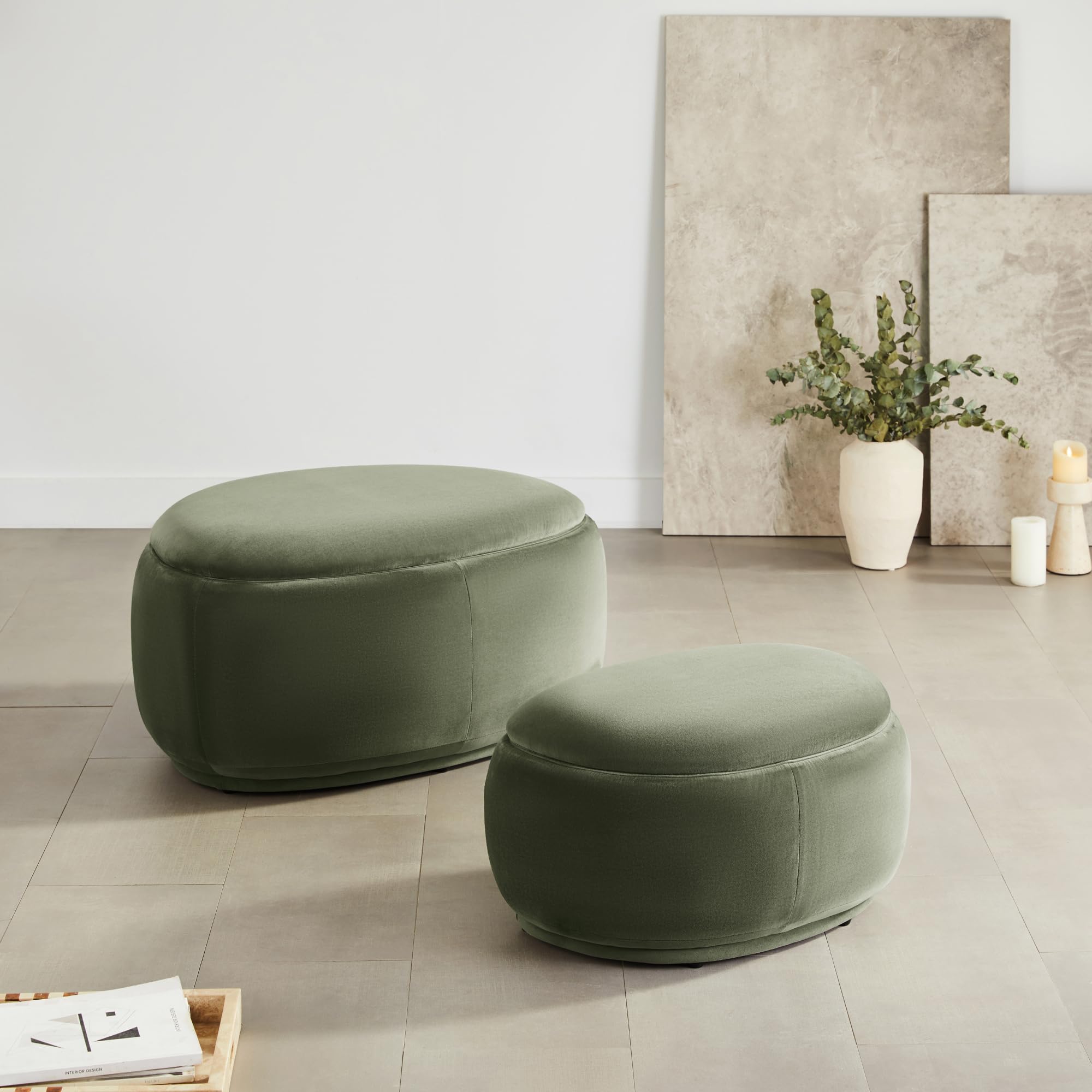 Round Ottoman in Velvet with Storage Large Size Coffee Table Boucle for Living Room,Set of 2,Green