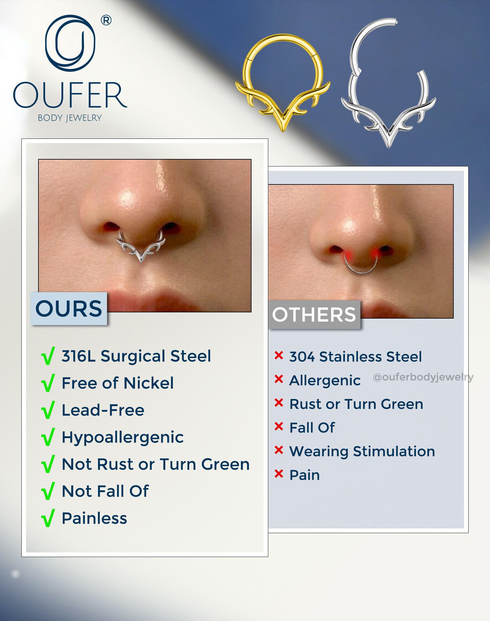 OUFER 16g Septum Rings, Blade Wings Septum Jewelry, V Shape Hinged Segment Clicker, Hypoallergenic Surgical Steel Nose Rings Hoops, Helix Daith Tragus Conch Piercing Jewelry for Women Men Silver/Gold: Silver 16G 10MM