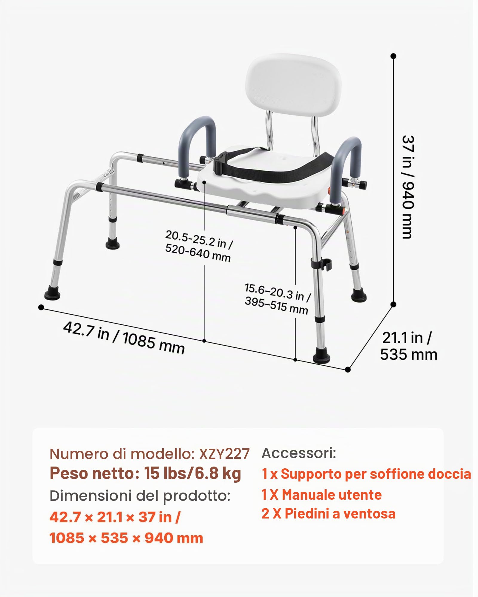VEVOR Panca di Trasferimento da Vasca da Bagno con Sedile Girevole, Seduta Girevole per Vasca da Bagno con Braccioli Schienale, Altezza Larghezza Regolabile, Carico max 180 kg, Sedia di Ausilio
