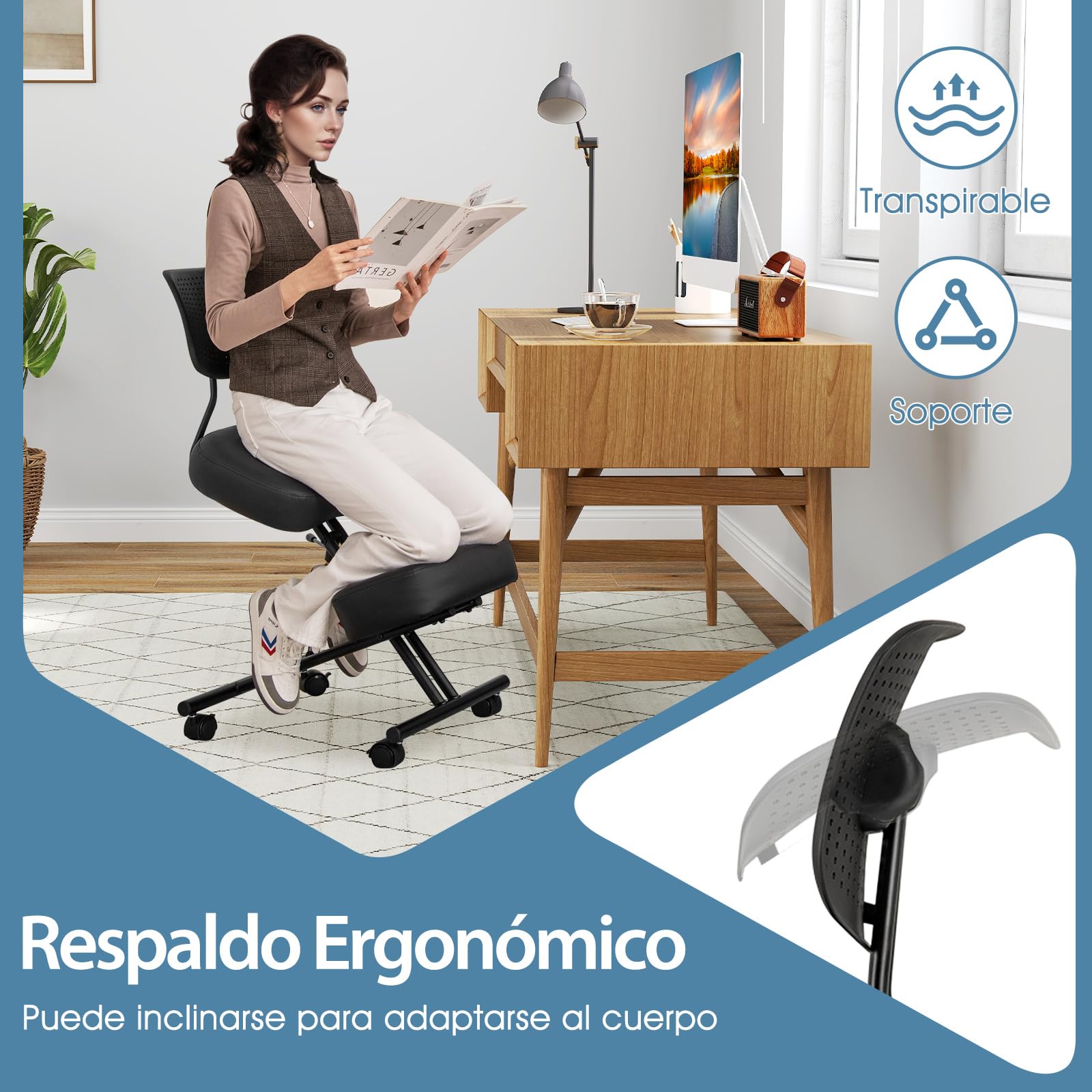 COSTWAY Silla Ergonómica Rodillas con Respaldo, Ajustable en Altura, Taburete Corrector de Postura con Asiento Inclinado, Silla Oficina con Ruedas Universales Bloqueables, 64,5-84,5 x 46 x 87-103 cm