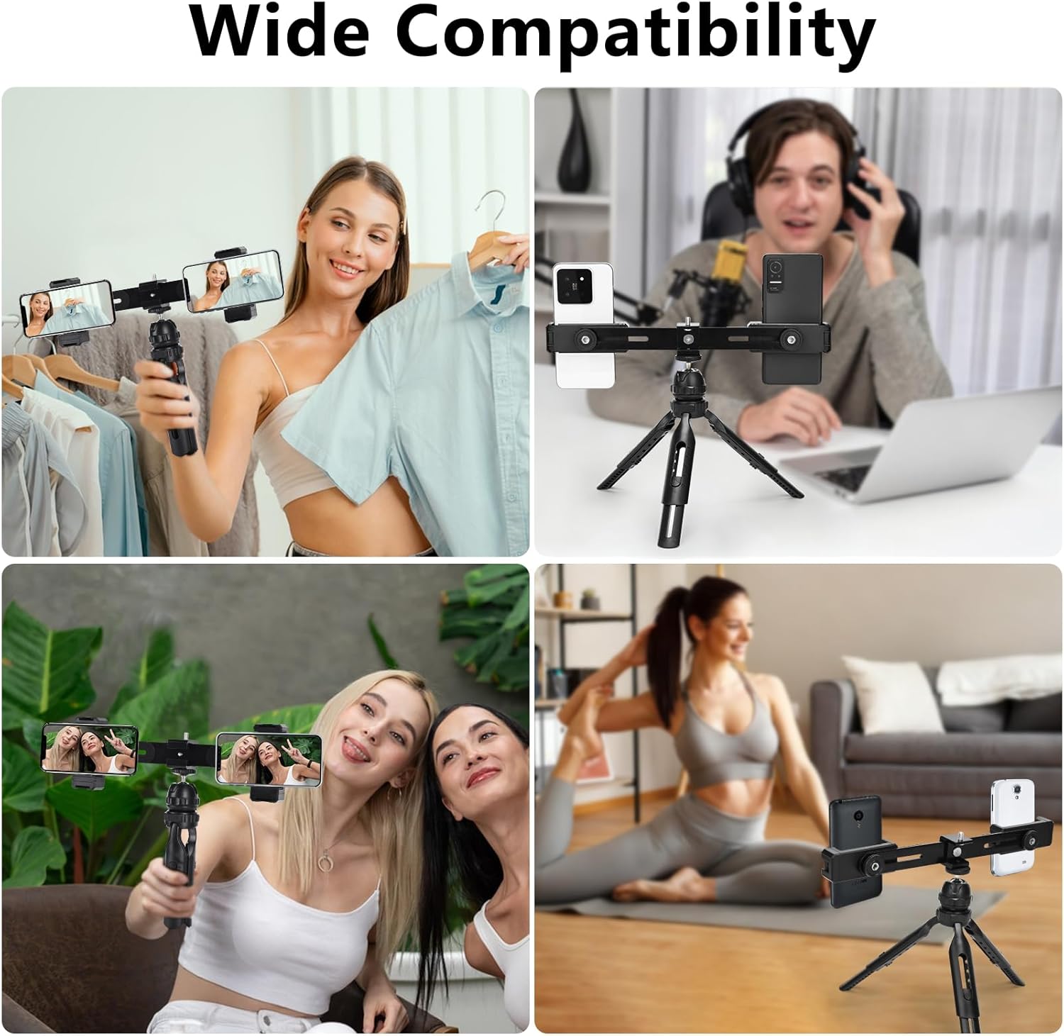 Multifunctional Smartphone Video Kit, with Universal Phone Desktop Tripod with Dual Phone Holders and 4 Cold Shoe mounts for vlogging, Live Streaming, Online Video Teaching, and conferences