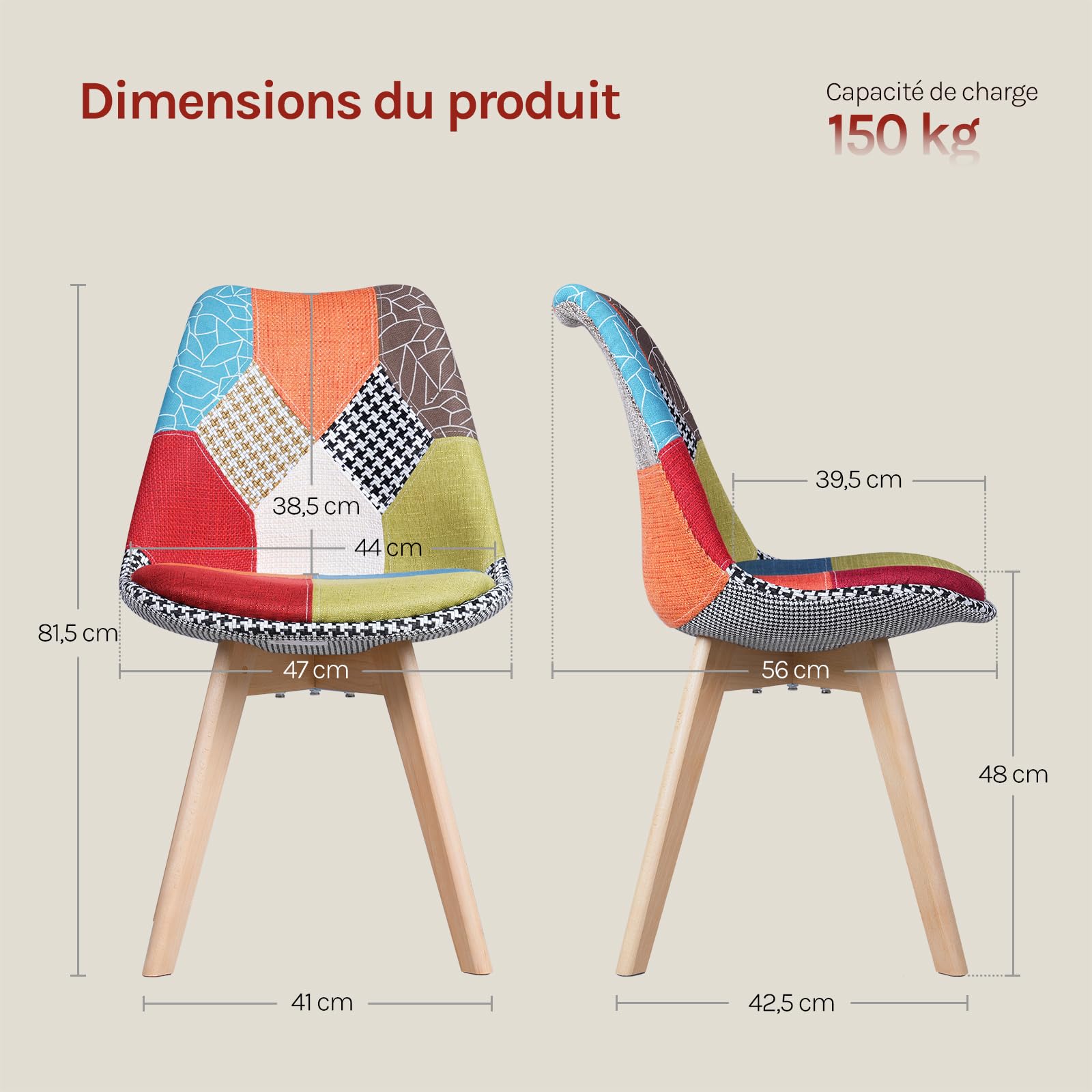 WOLTU Lot de 4 Chaises de Salle à Manger sans Accoudoirs, Chaises de Cuisine Patchwork, avec Pieds en Bois Massif, Style Scandinave, pour Salle à Manger ou Salon, 47x56x81,5 cm, Multicolore
