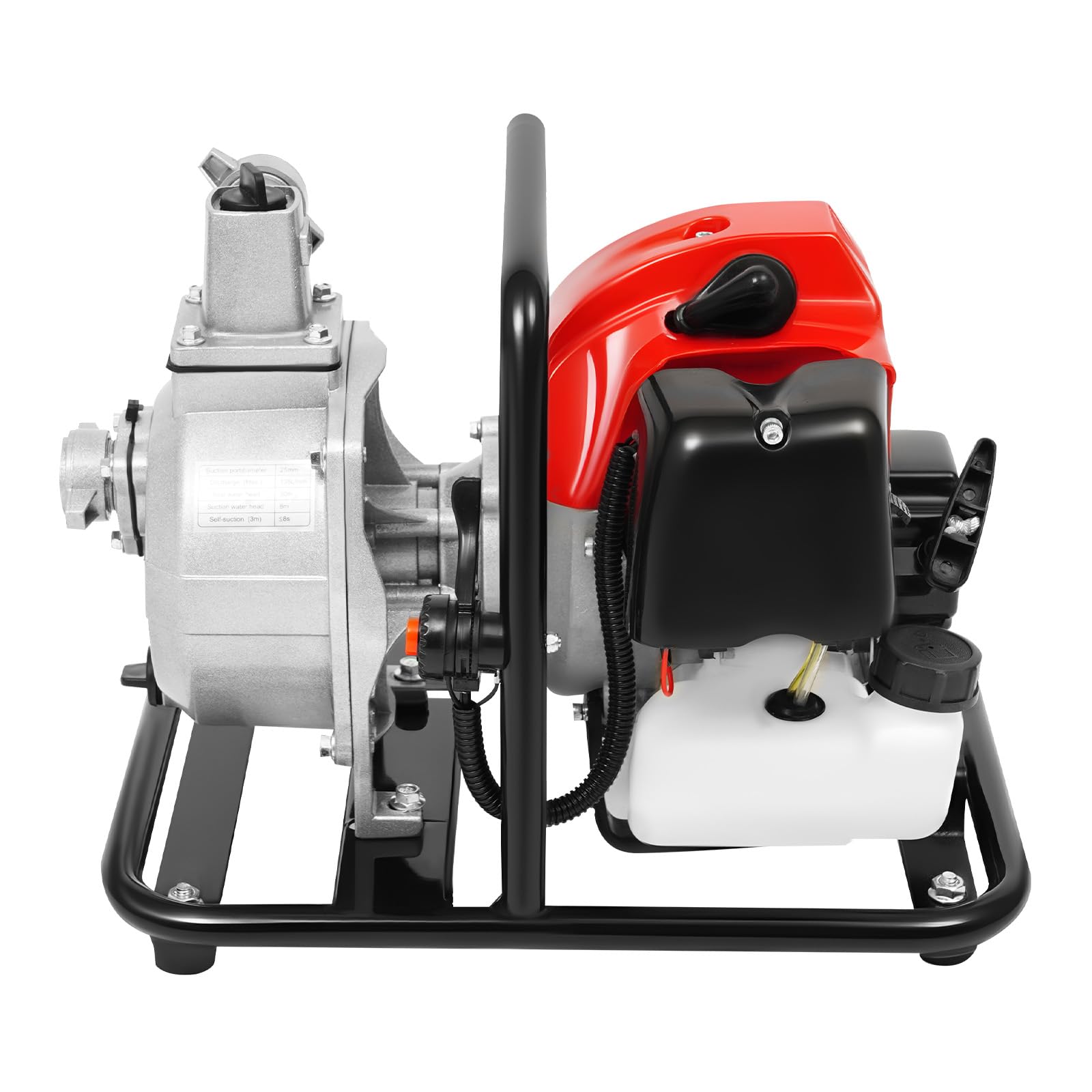 Bomba de agua de gasolina, 43 cc, bomba de agua, bomba de motor, 20.000 l/h, bomba de agua sucia con motor de 2 tiempos, altura de extracción de 80 m, conexión de 1,5 pulgadas, depósito de 1,2