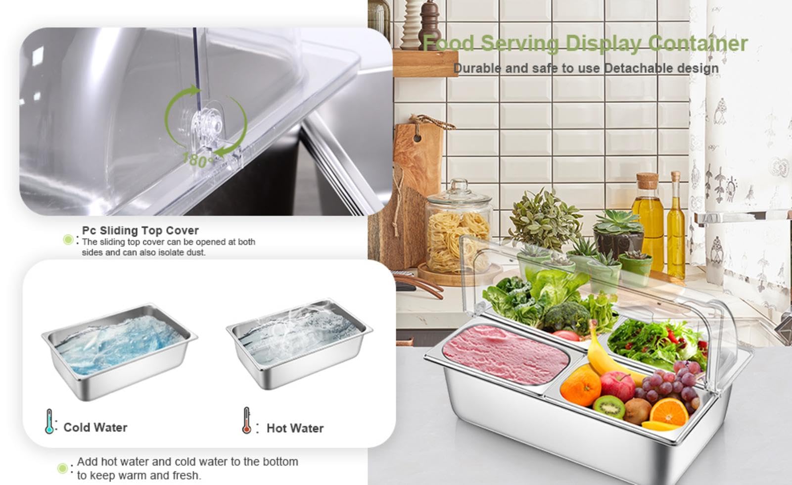Vitrina de acero inoxidable con cuatro compartimentos para servir alimentos, dispensador de condimentos, bandeja individual de 4 L, para restaurante, hotel, kitch
