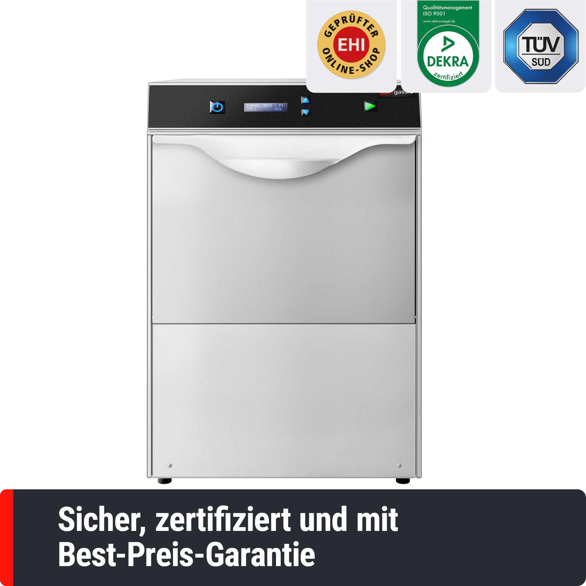 GGM Gastro Gläserspülmaschine 2,97 kW 400x400 mm | Doppelwandige Isolierung, digitale Steuerung, integrierter Wasserentkalker, effizientes Doppelfiltersystem, hohe Kapazität