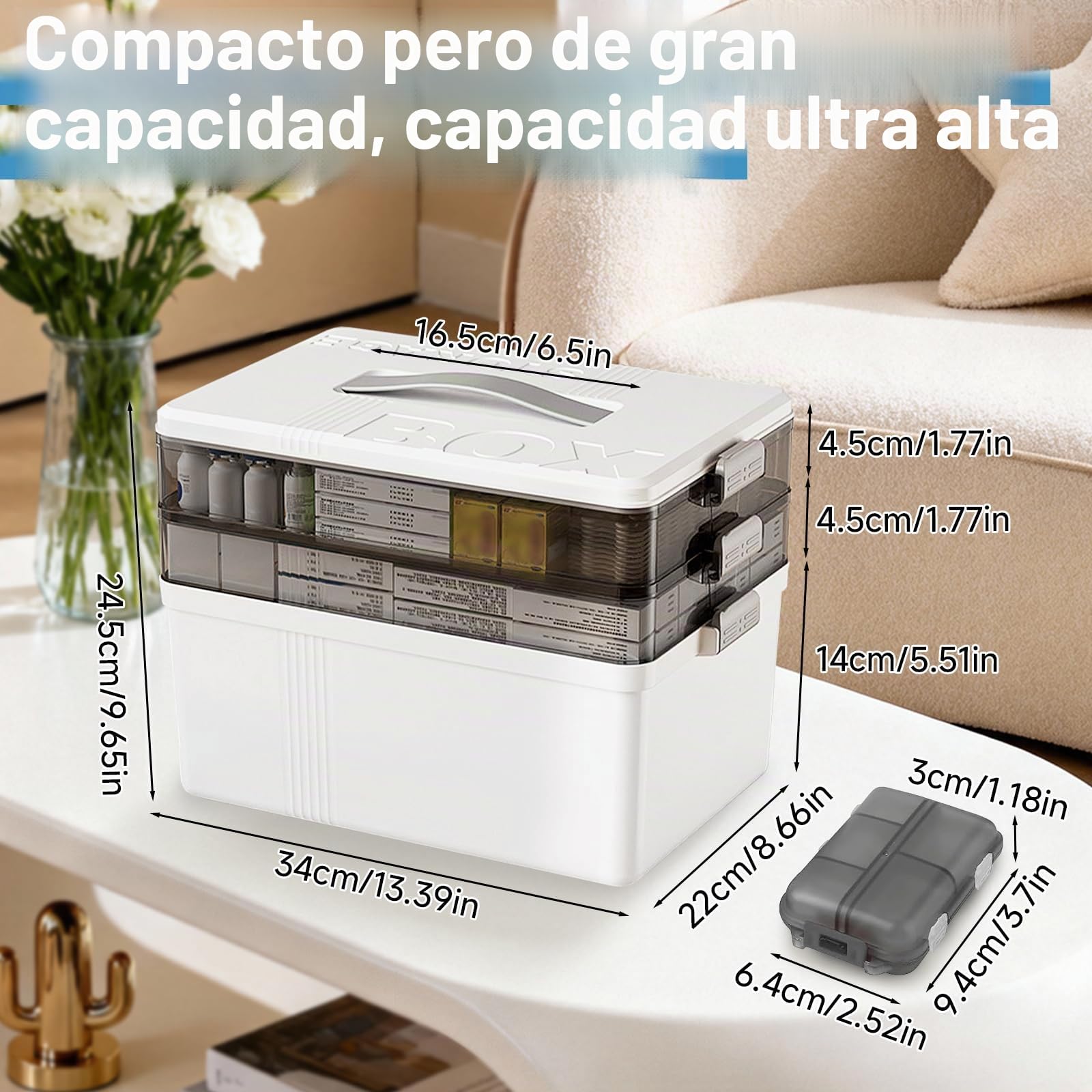 Medicine Box,Caja para Medicinas,Caja Organizadora de Medicina Grande de 3 Capas,Cajas Medicamentos,Caja Medicinas Grande Asa de Transporte y Bandeja Extraíble Multifunción Organizador