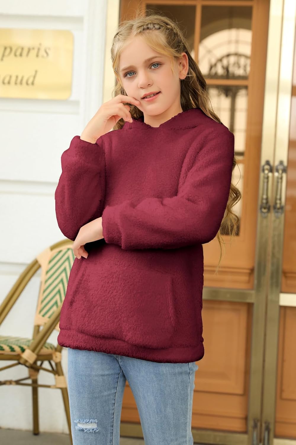 Haloumoning Girls Fuzzy Fleece Pullover Hoodies Sweatshirt Casual Loose Outwear Coat with Pockets 4-15 Years - Image 4