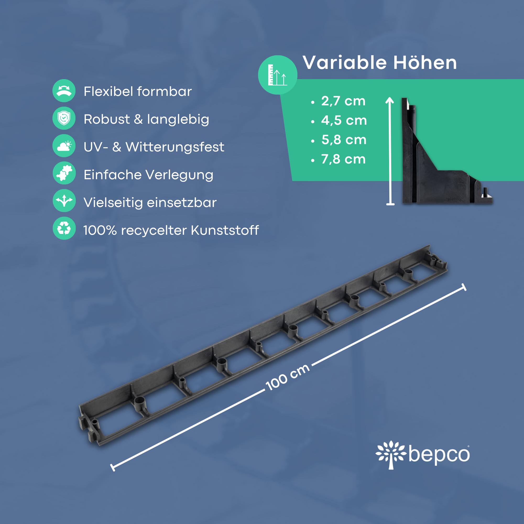 bepco Rasenkante - Pflasterkante 10er Set (LxH: 100 x 4,5 cm) - Flexible & Robustes Gartenabgrenzung für Rasen, Beet und Pflaster aus recyceltem Kunststoff, mit 30x Stahl-Erdanker (verzinkt)